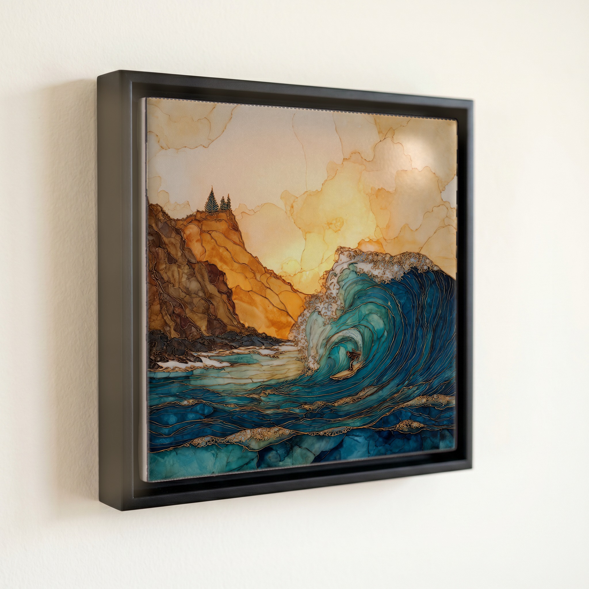 shown in a slim black floating frame · 6 × 6 in