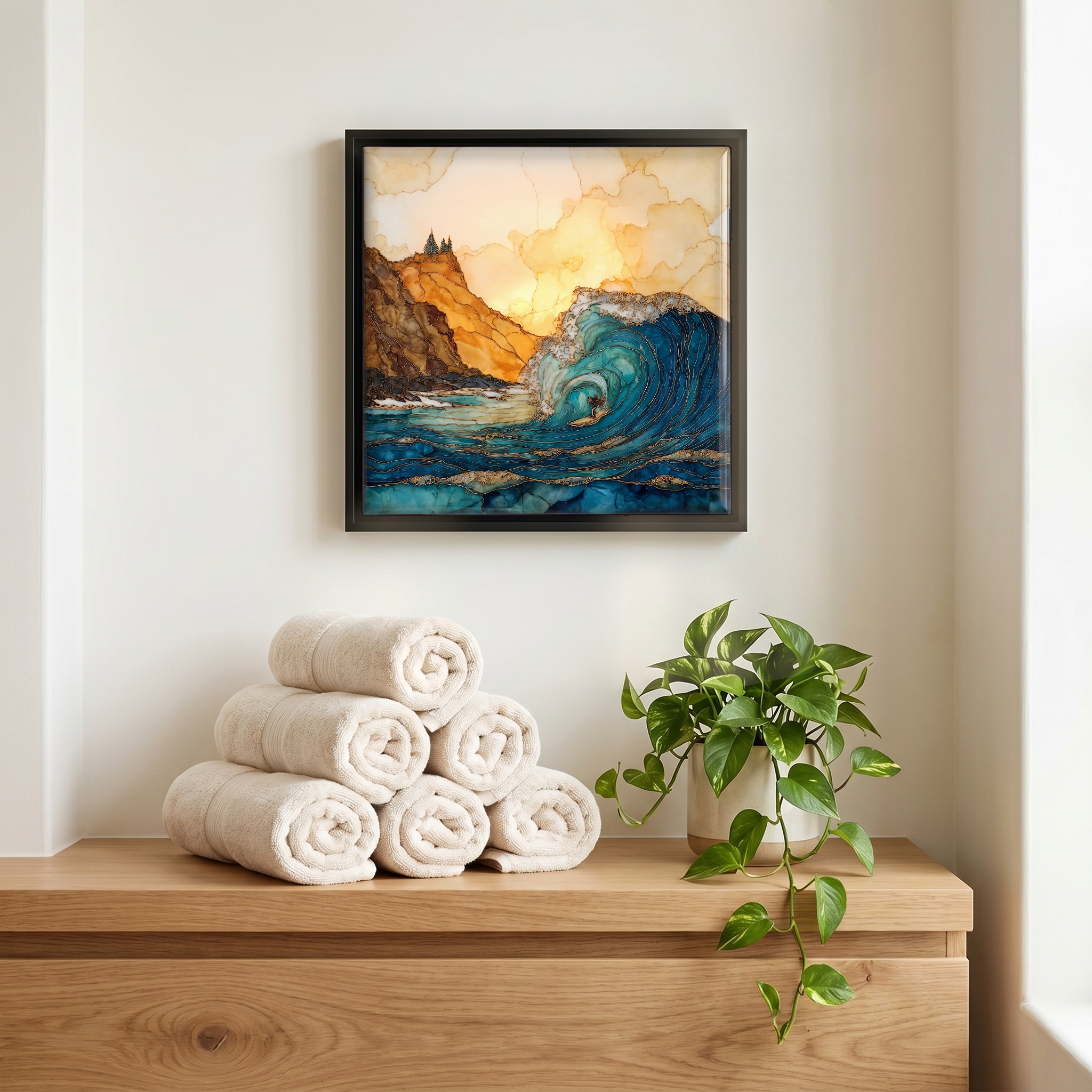 Above the linens, in a slim black surround.