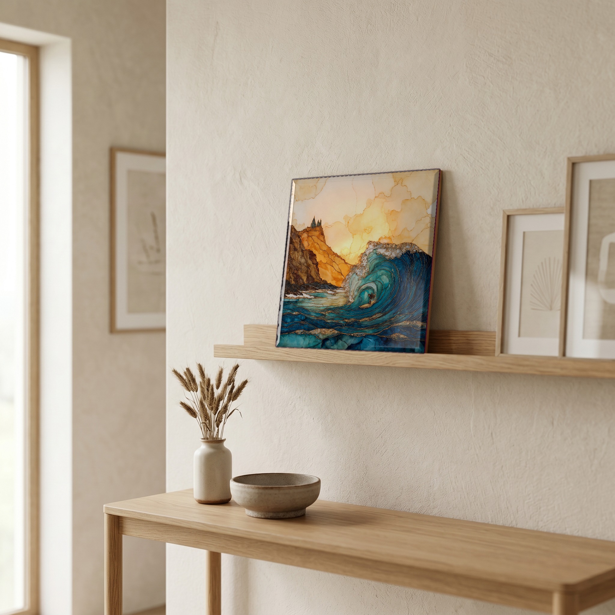 On a picture ledge, where the light comes in.