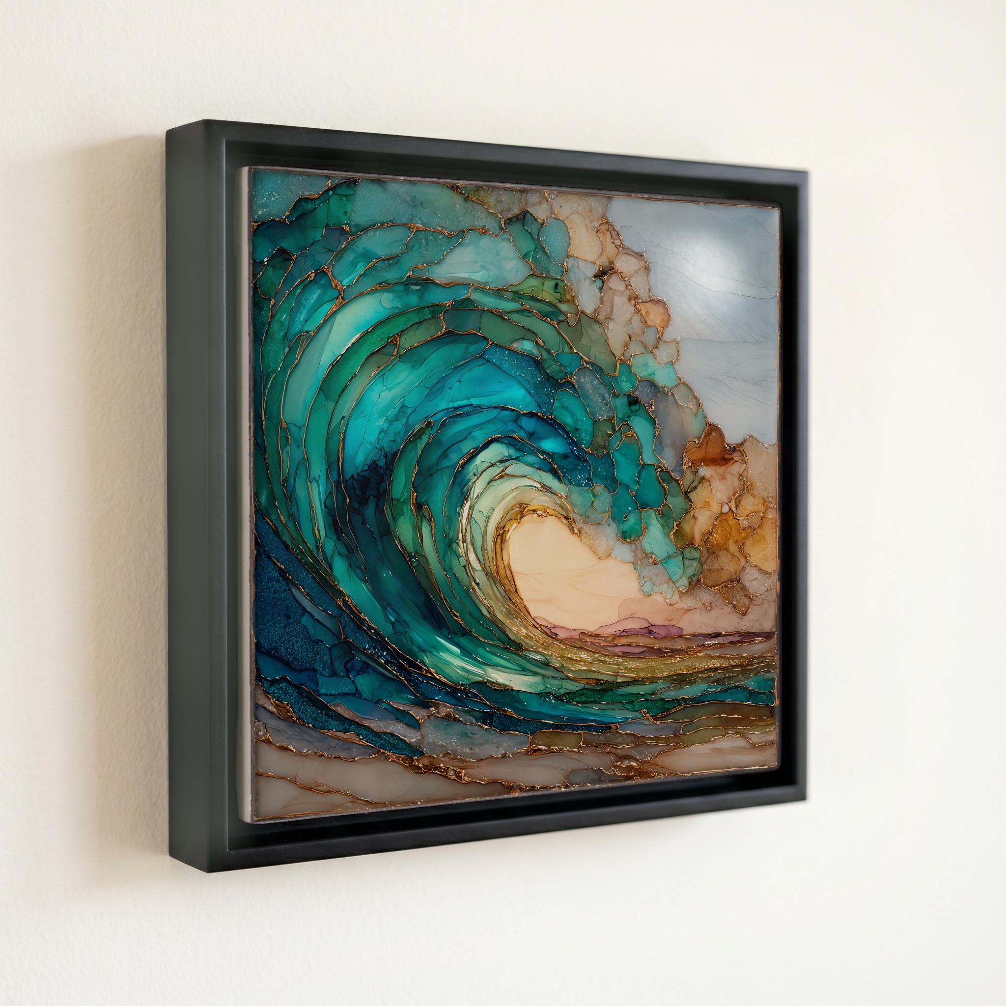 shown in a slim black floating frame · 6 × 6 in
