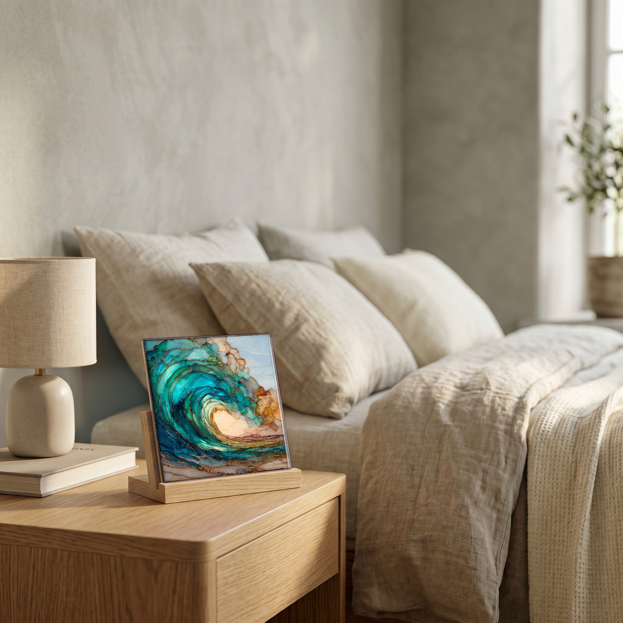 On the nightstand, on a light oak stand.