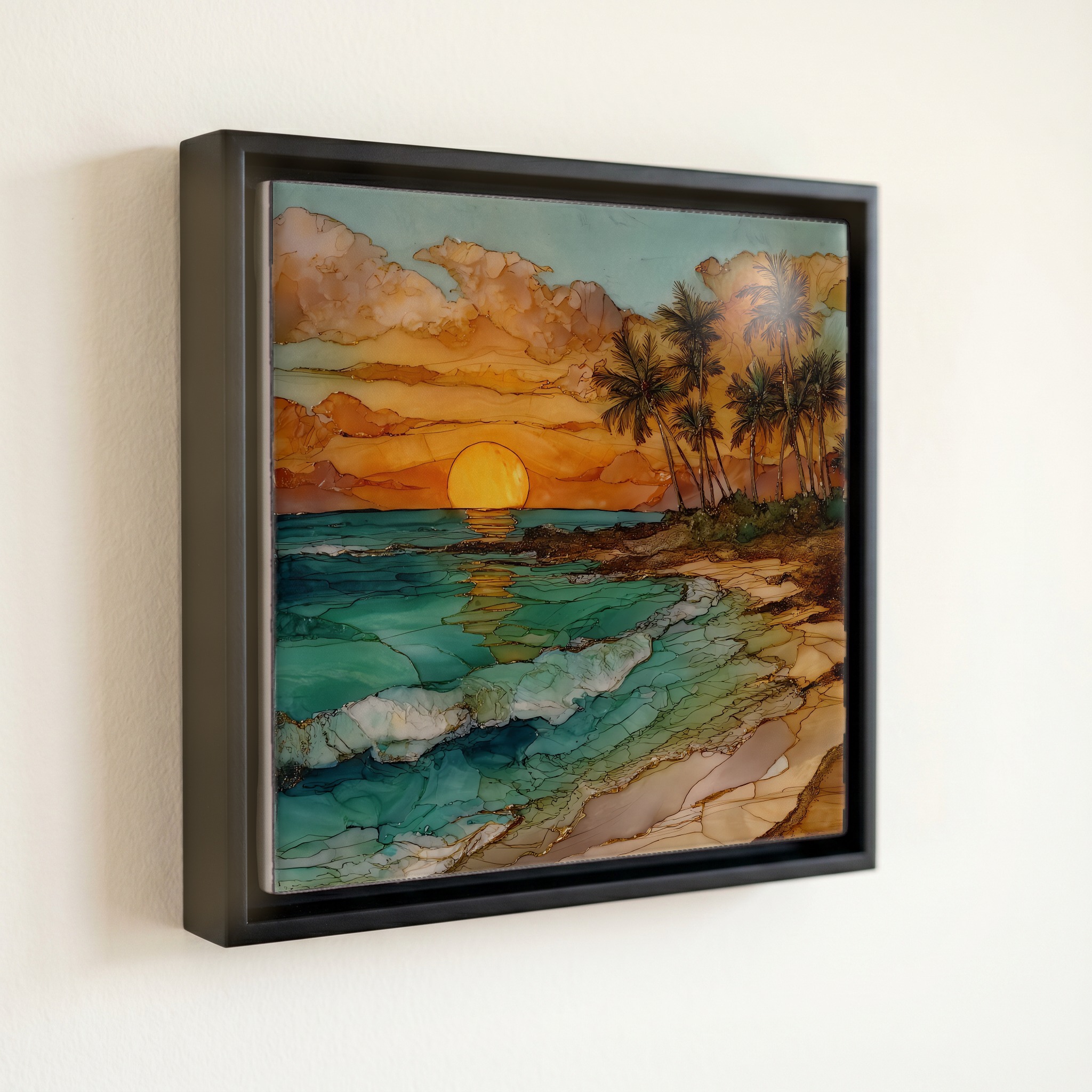 shown in a slim black floating frame · 6 × 6 in