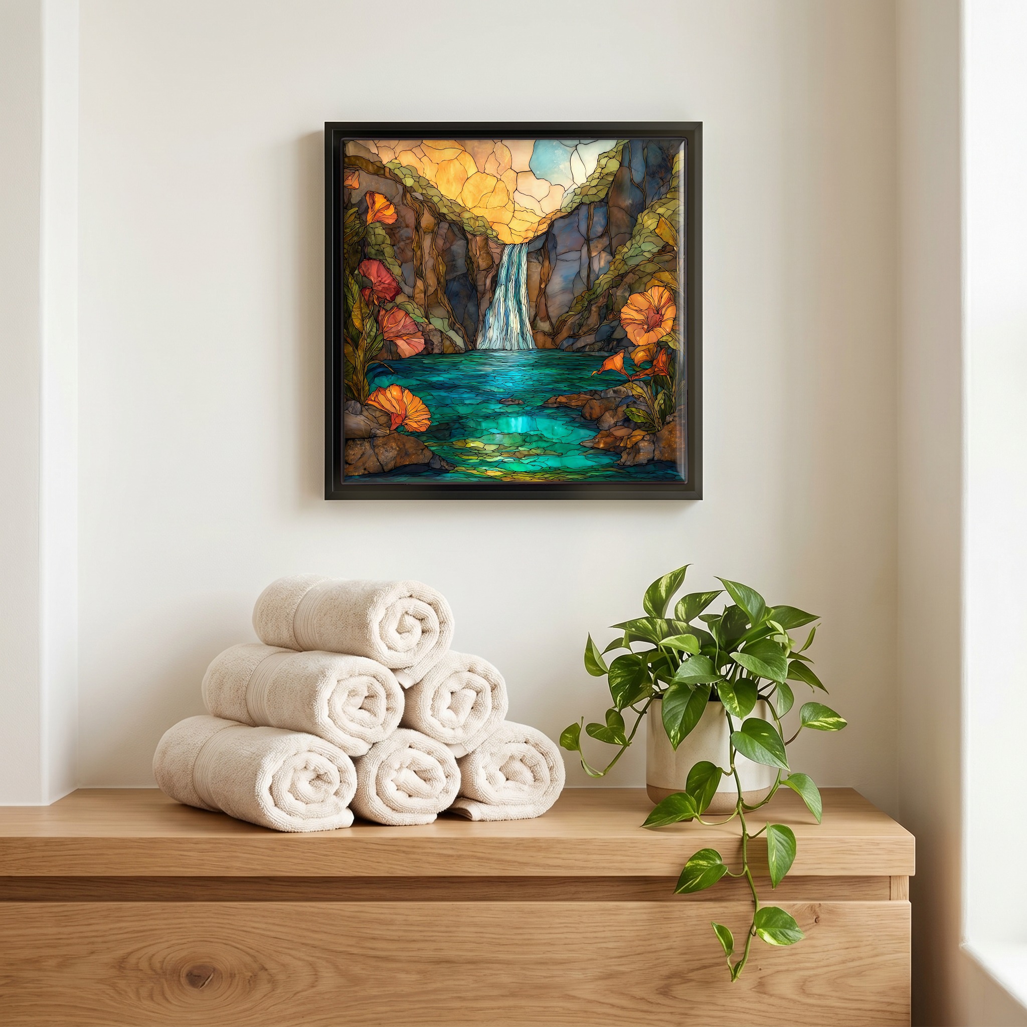 Above the linens, in a slim black surround.