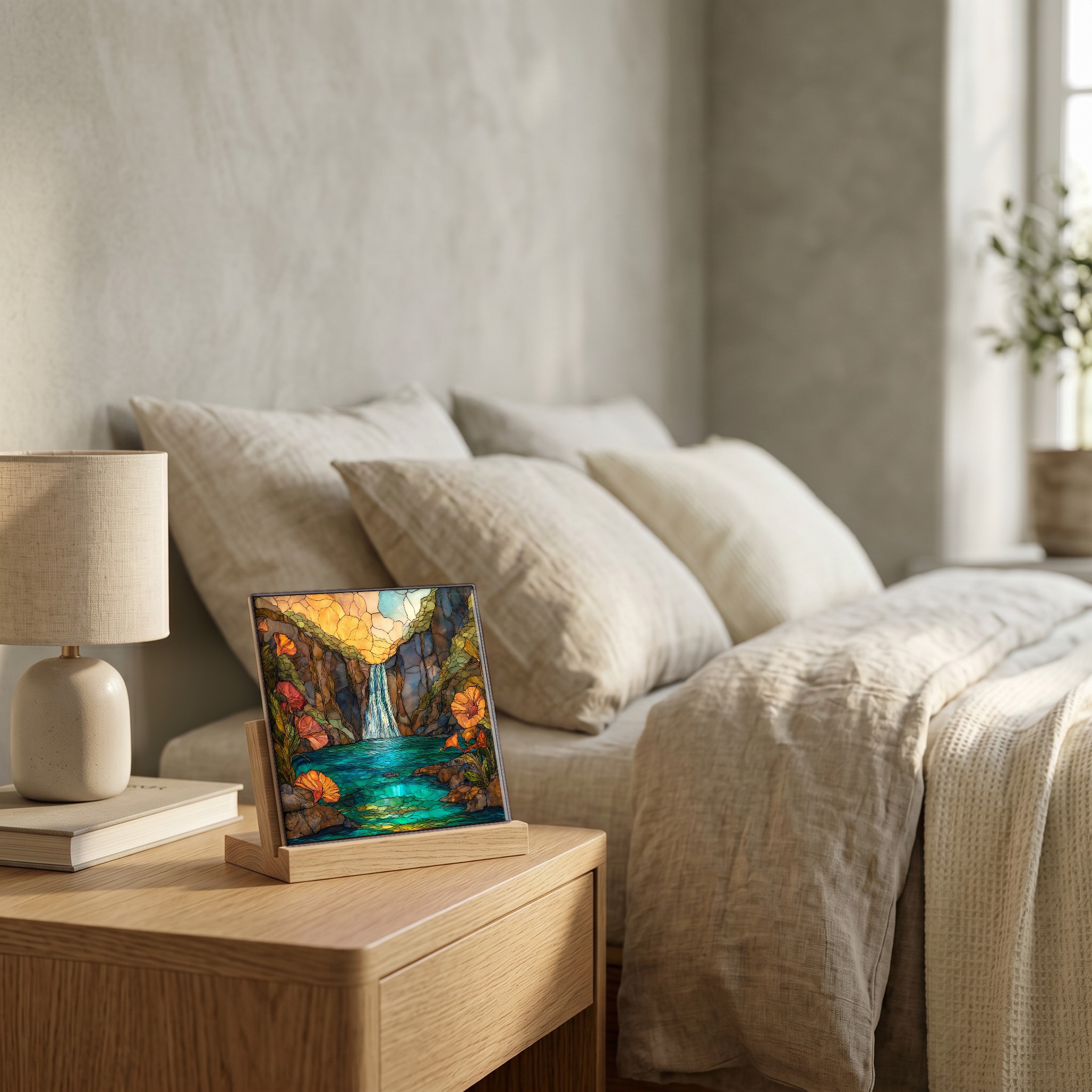 On the nightstand, on a light oak stand.