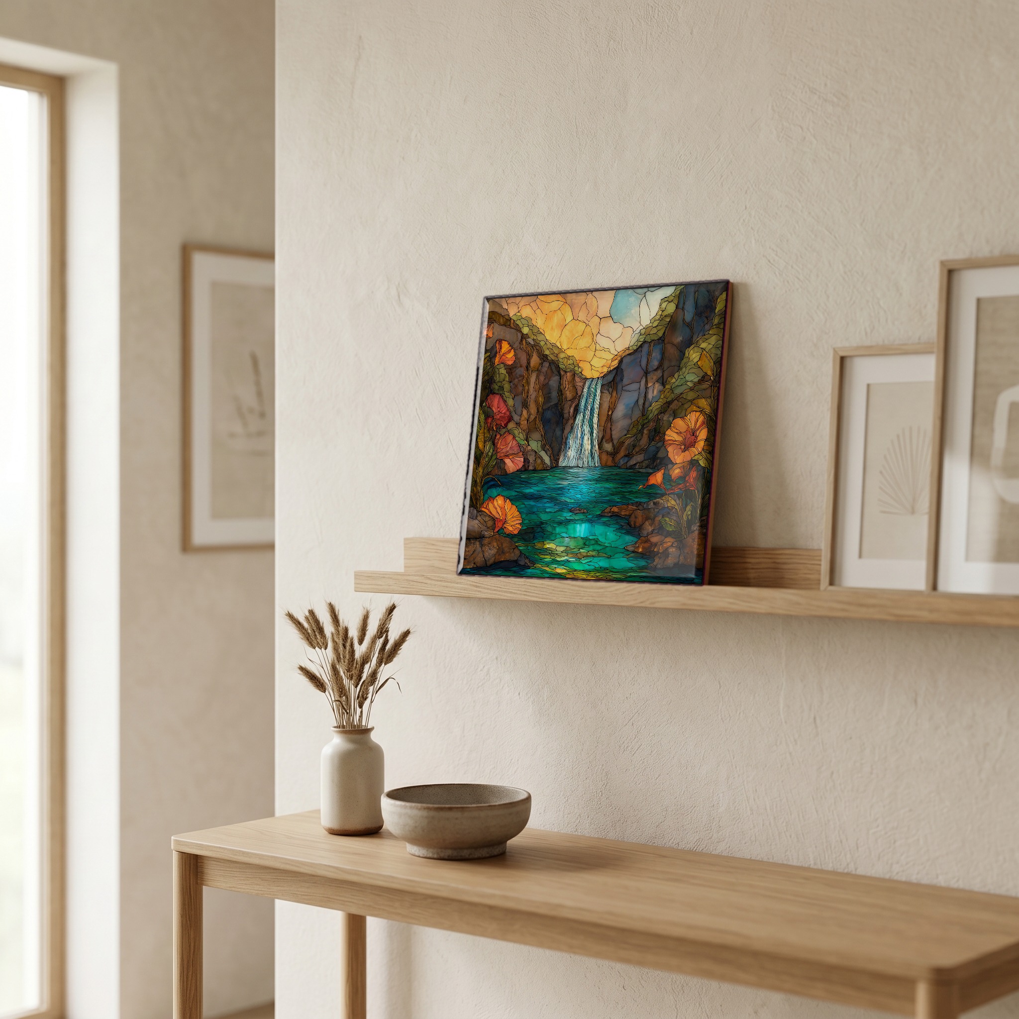 On a picture ledge, where the light comes in.