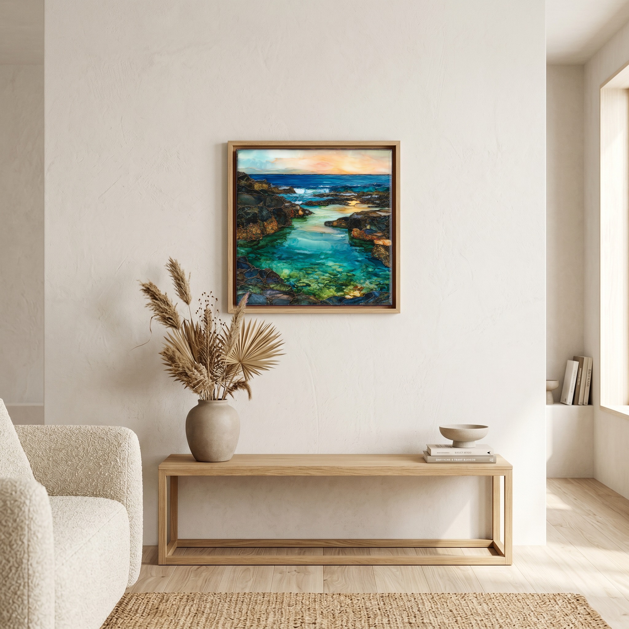 Above the bench, in a warm oak surround.