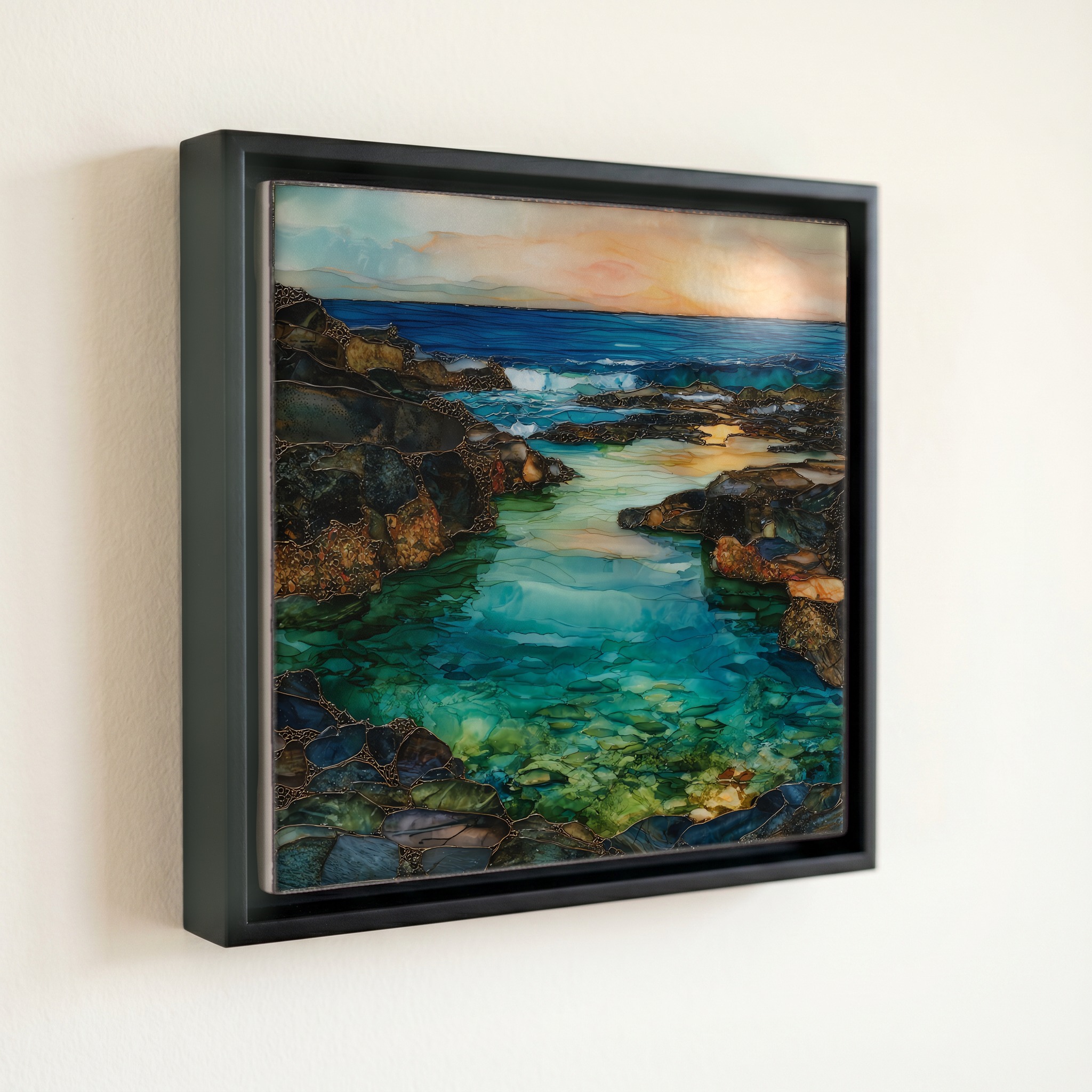 shown in a slim black floating frame · 6 × 6 in