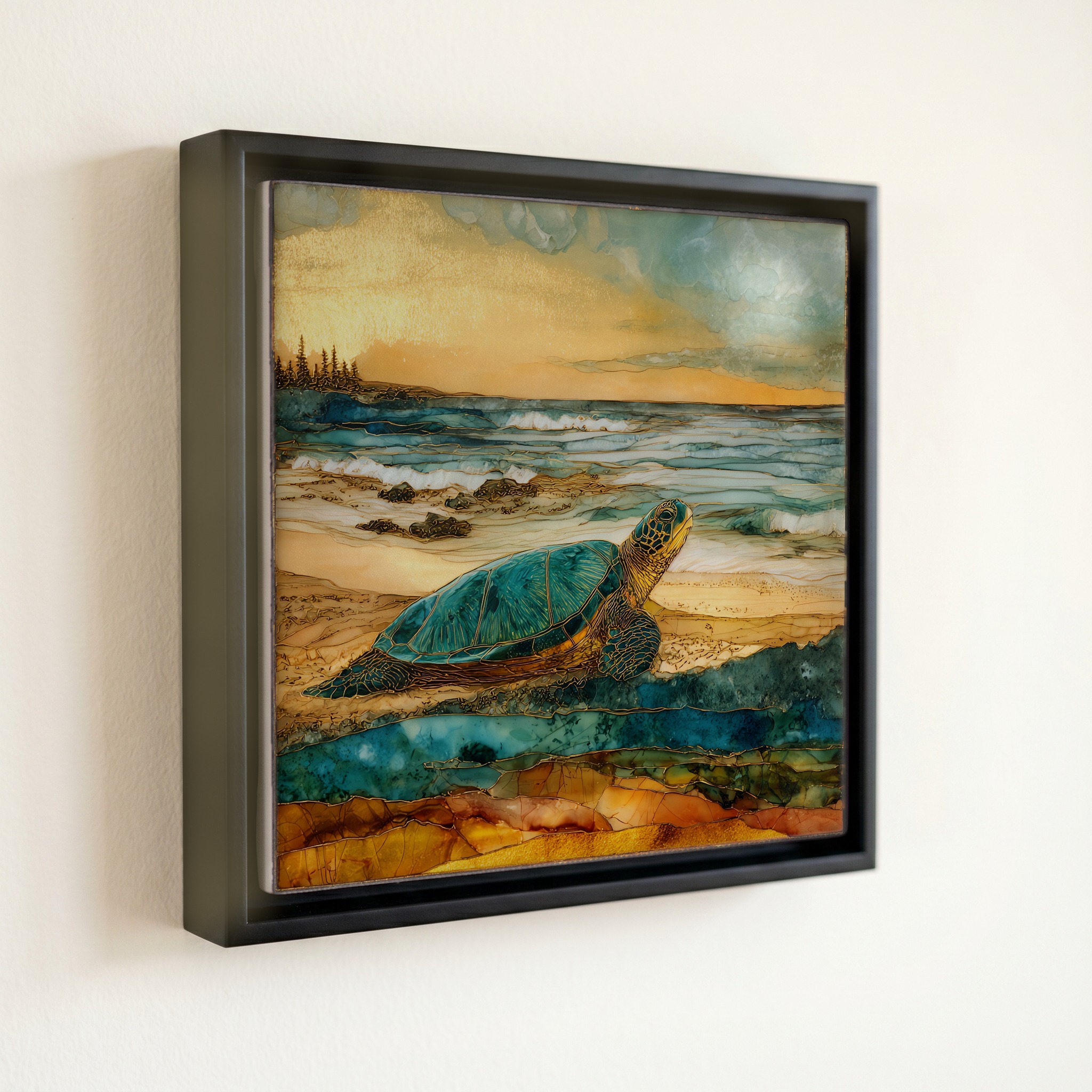 shown in a slim black floating frame · 6 × 6 in