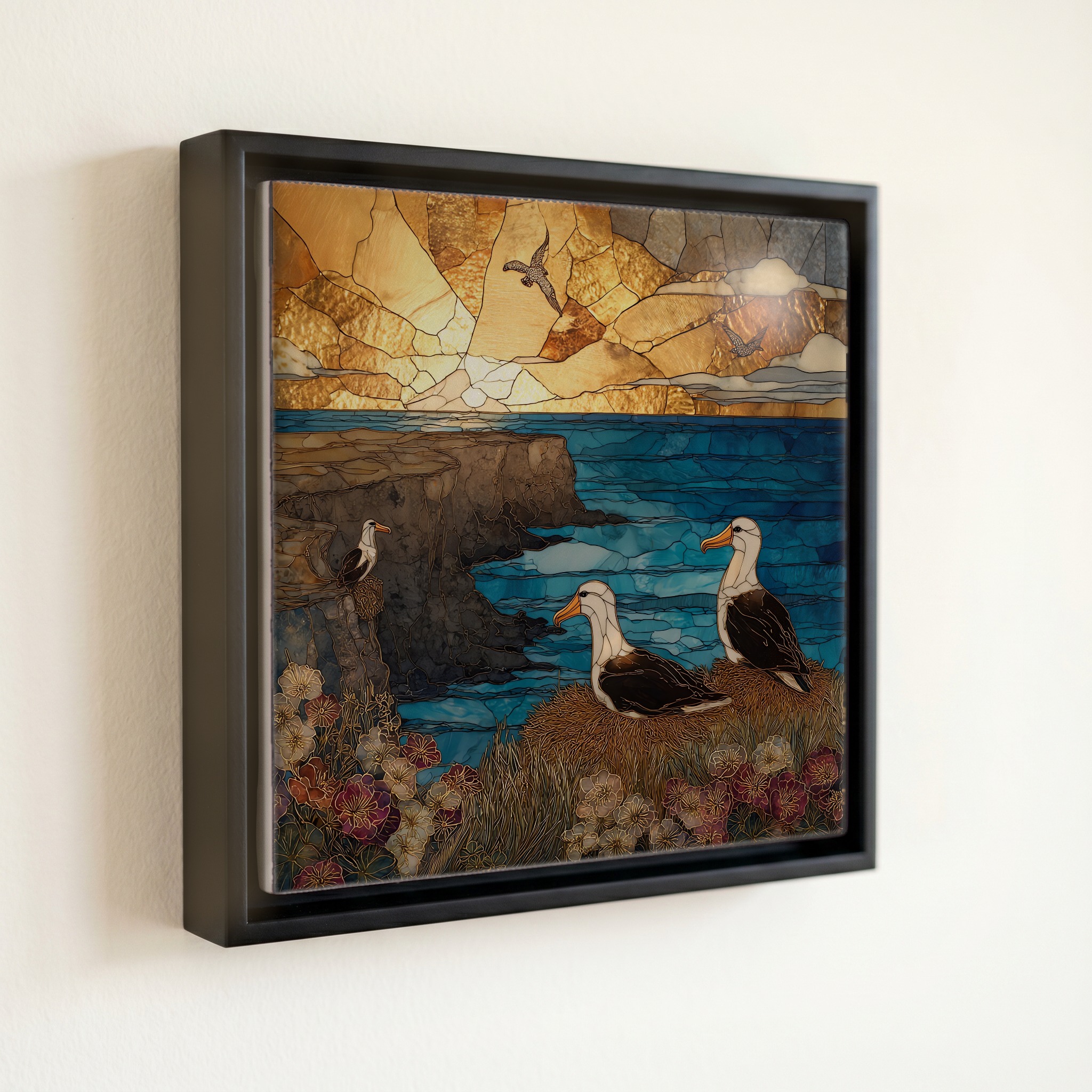shown in a slim black floating frame · 6 × 6 in