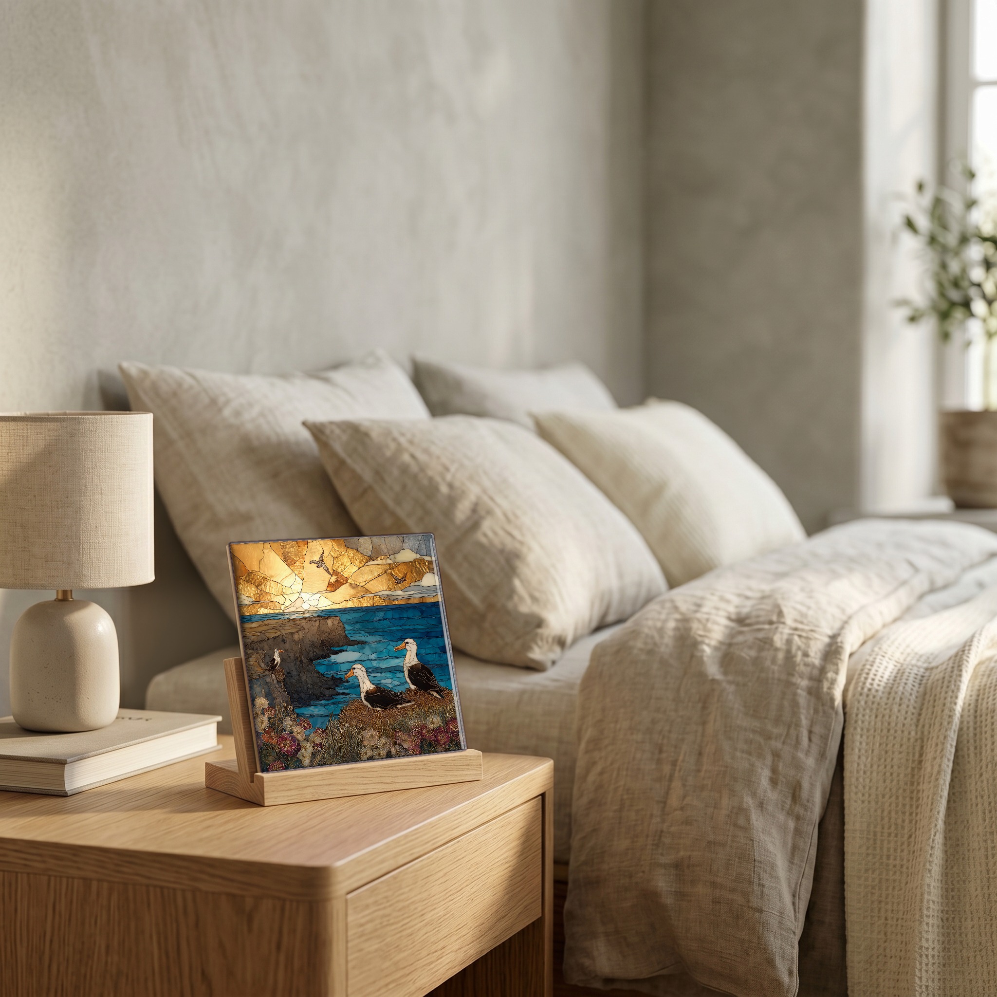 On the nightstand, on a light oak stand.