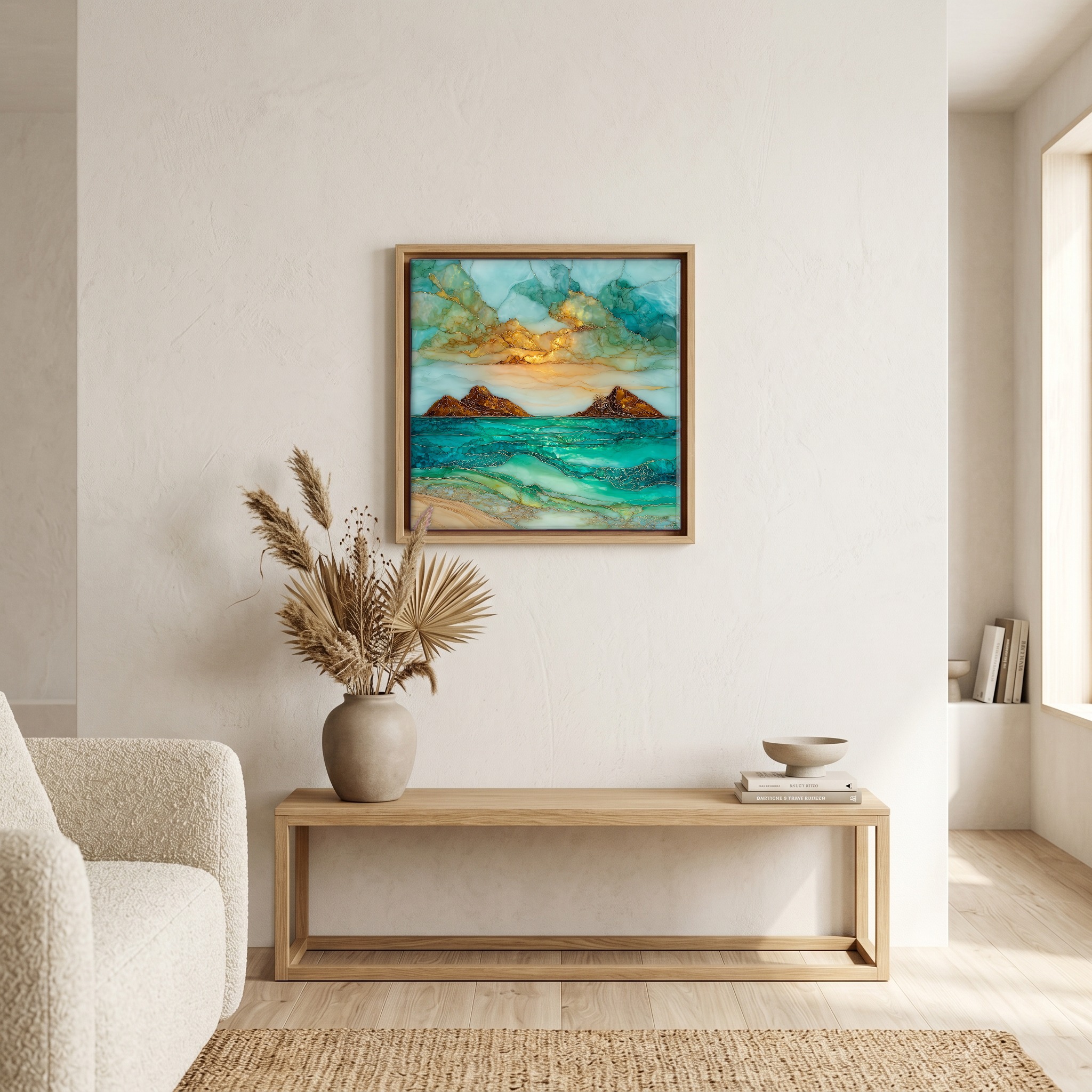 Above the bench, in a warm oak surround.