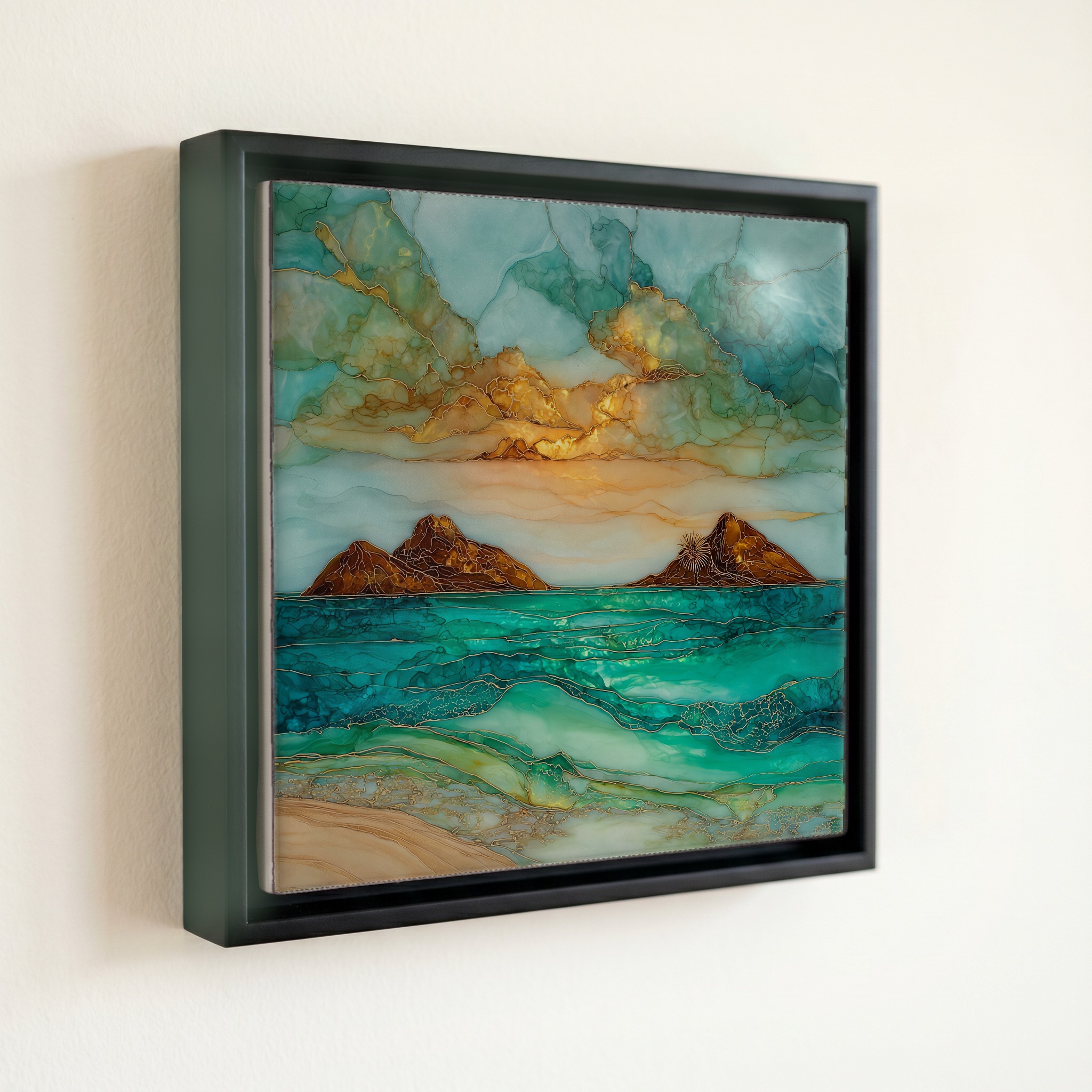 shown in a slim black floating frame · 6 × 6 in