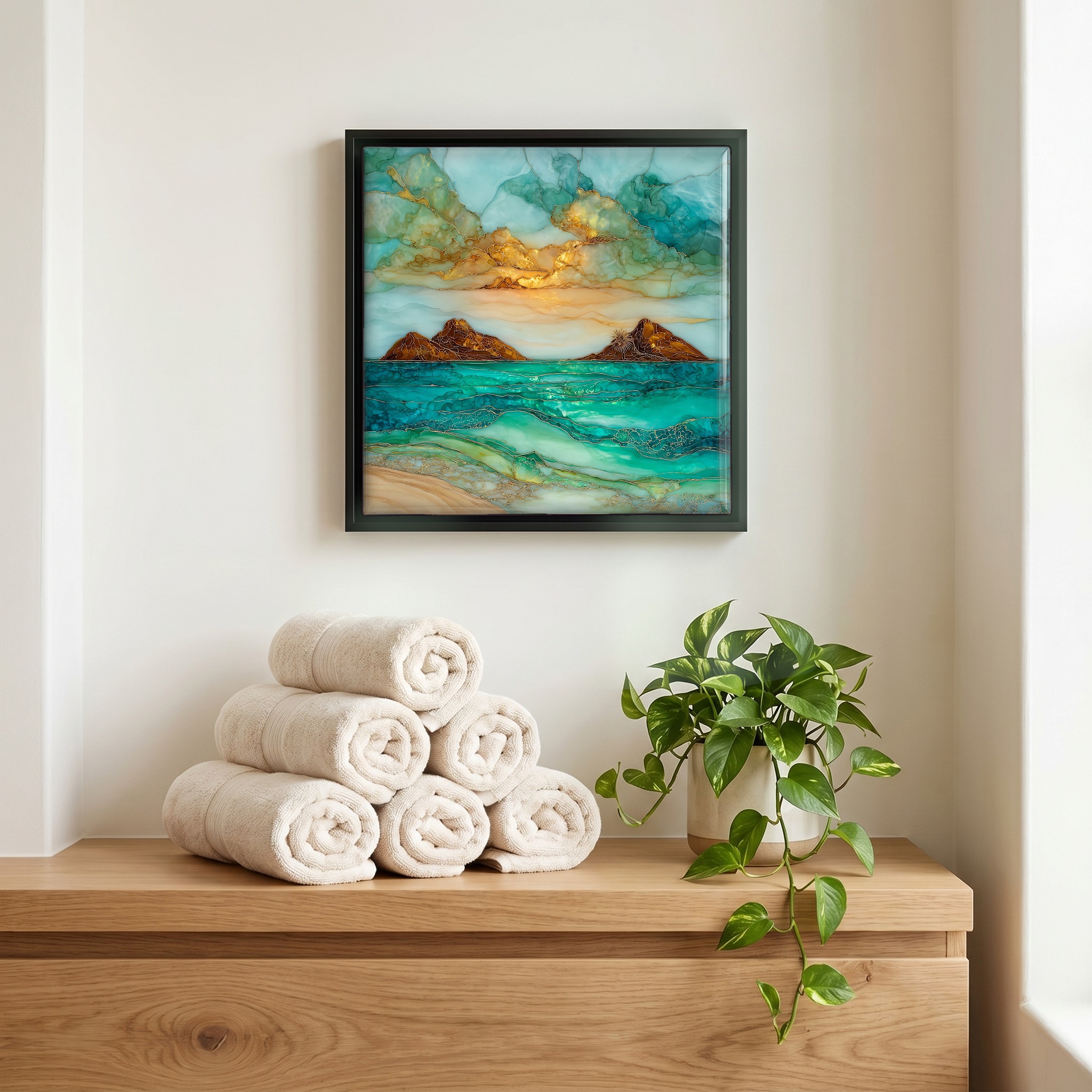 Above the linens, in a slim black surround.