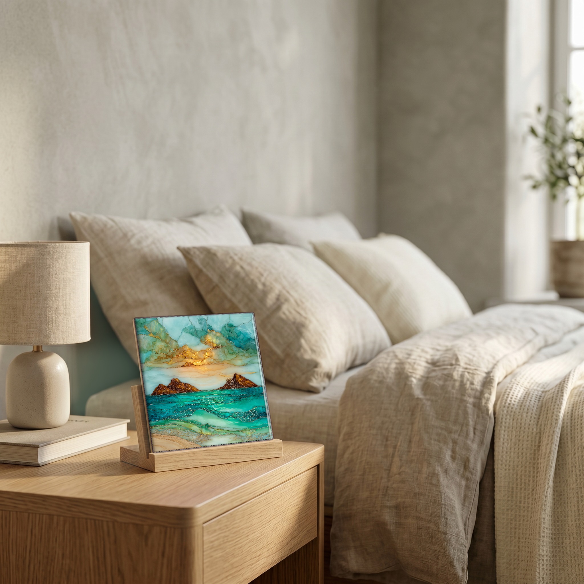 On the nightstand, on a light oak stand.