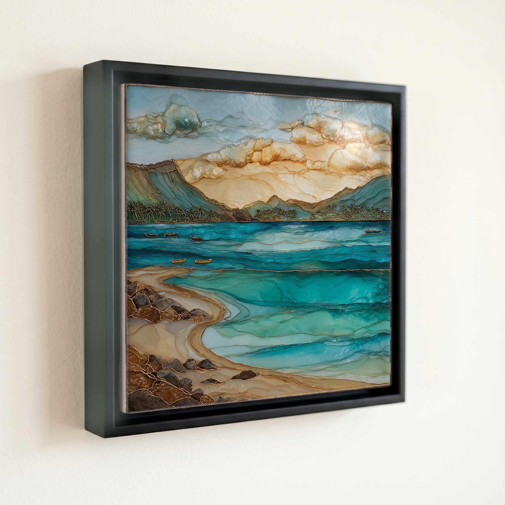 shown in a slim black floating frame · 6 × 6 in