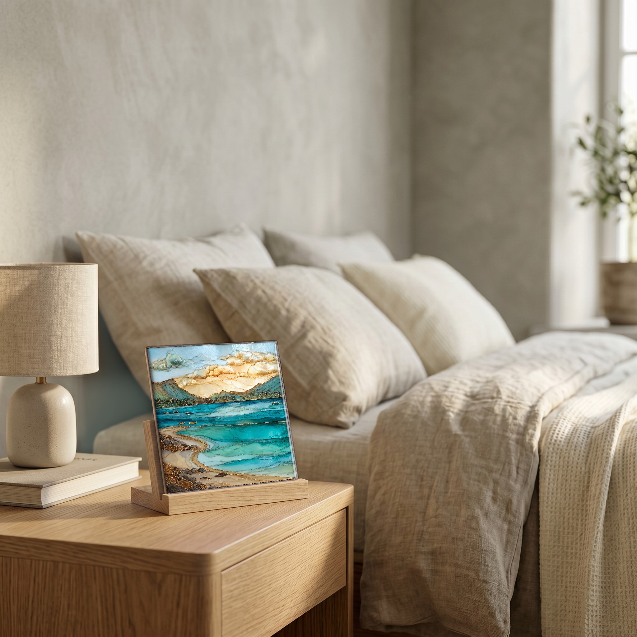 On the nightstand, on a light oak stand.