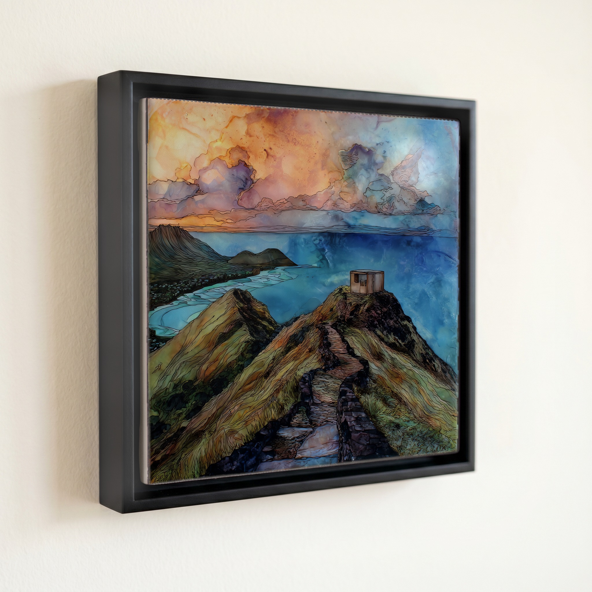 shown in a slim black floating frame · 6 × 6 in