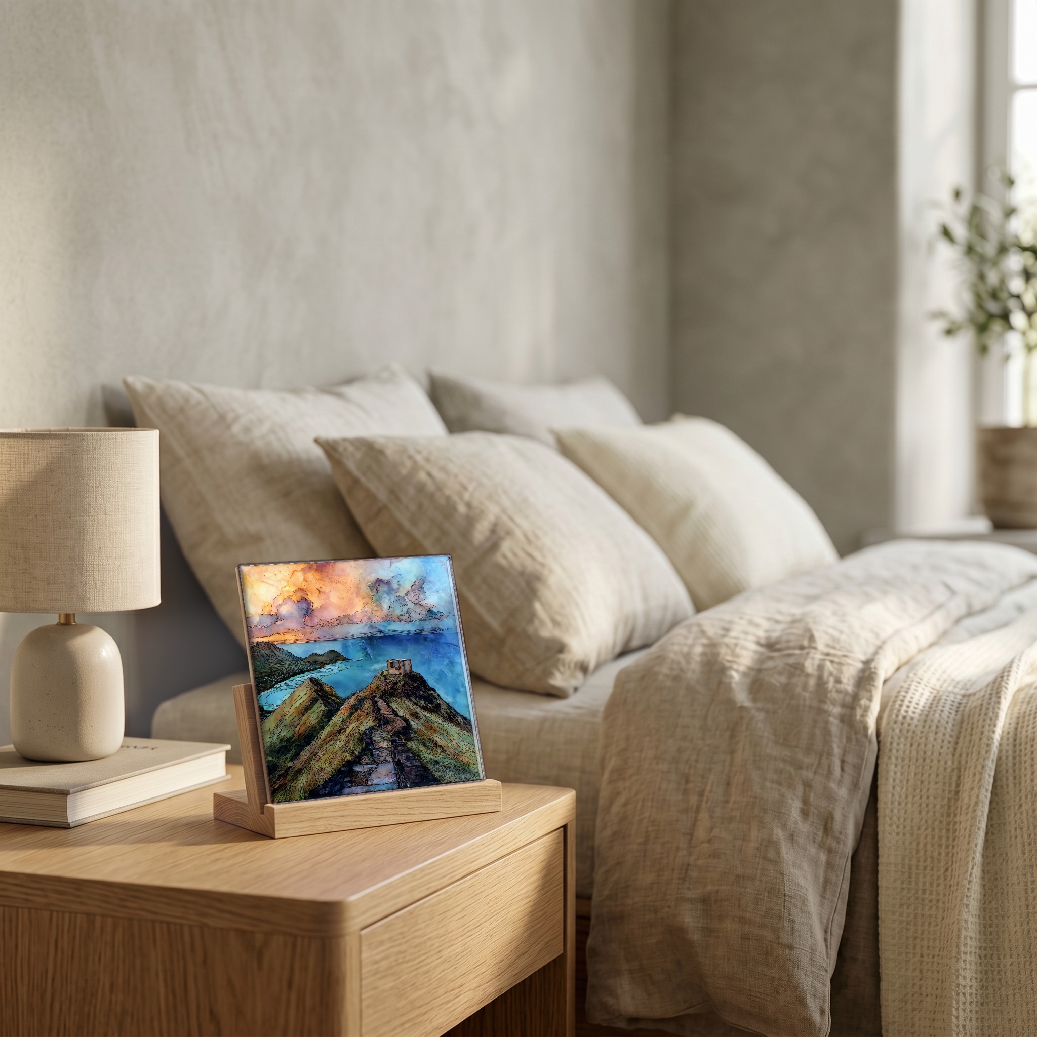 On the nightstand, on a light oak stand.