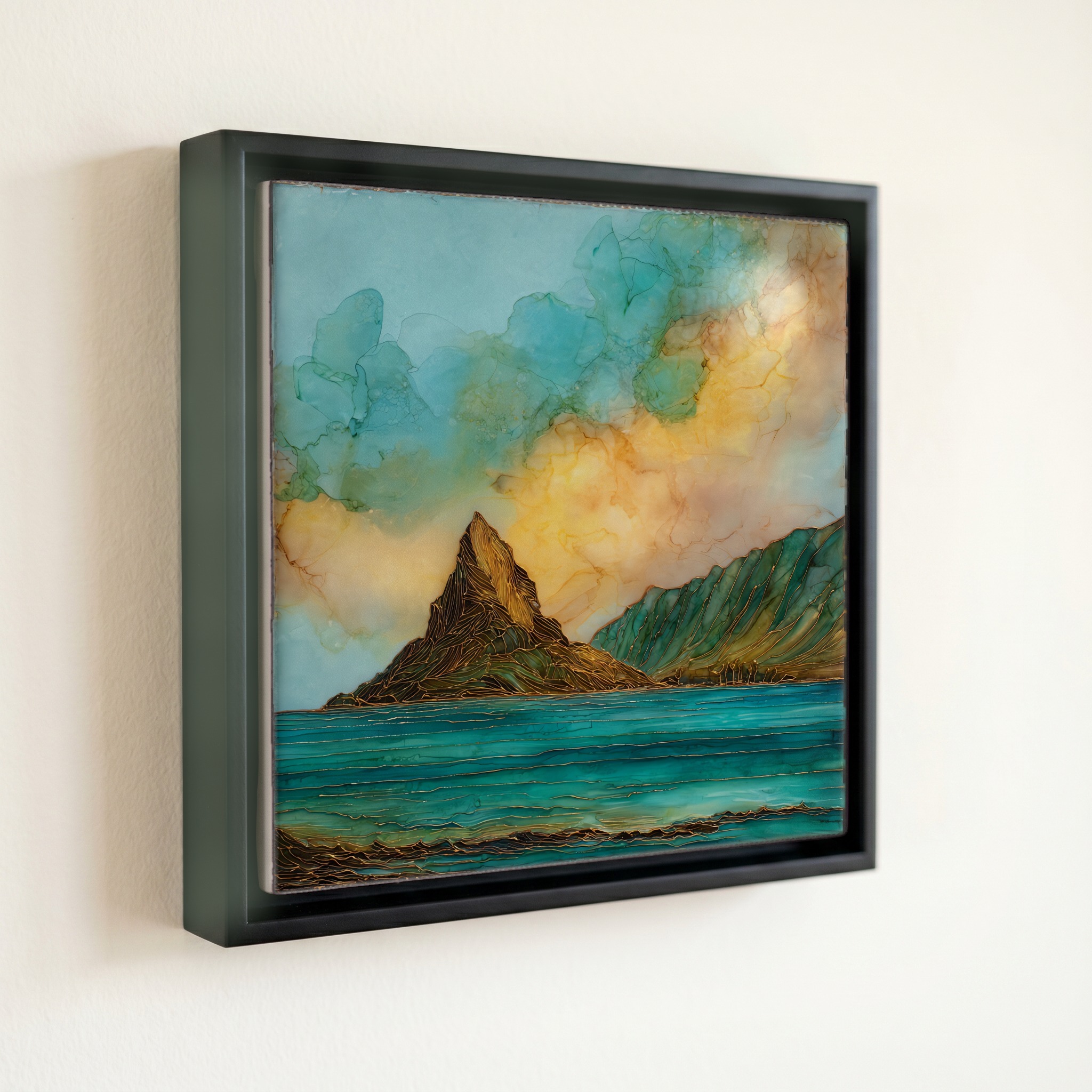 shown in a slim black floating frame · 6 × 6 in