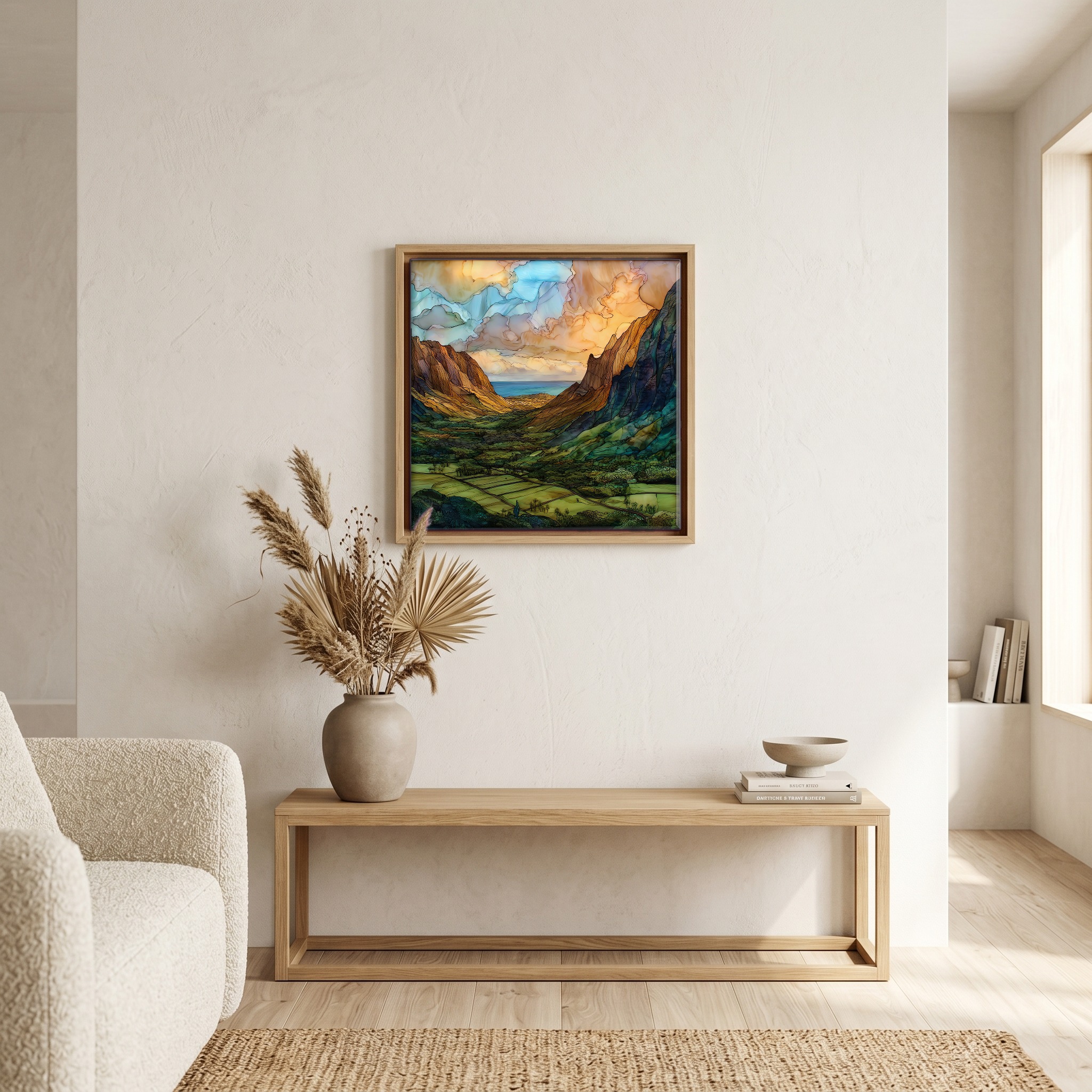 Above the bench, in a warm oak surround.