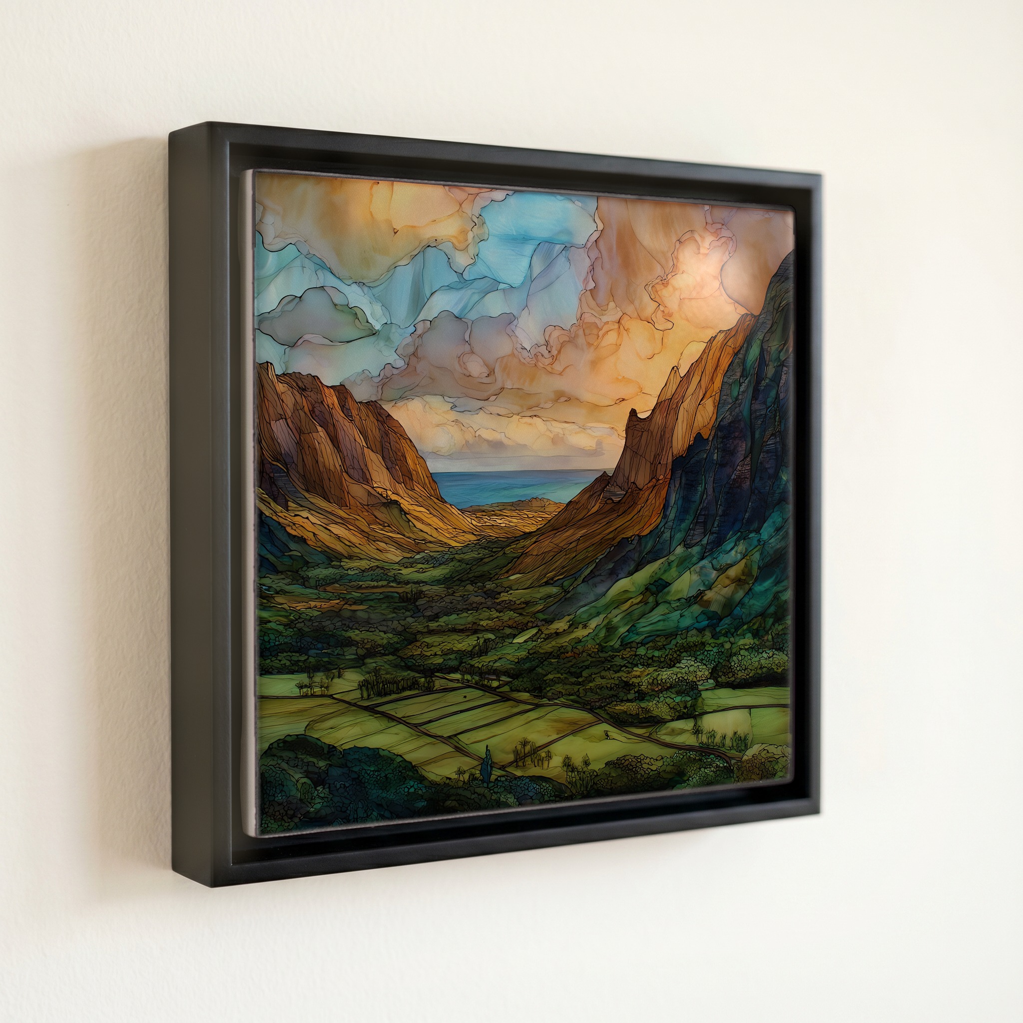 shown in a slim black floating frame · 6 × 6 in