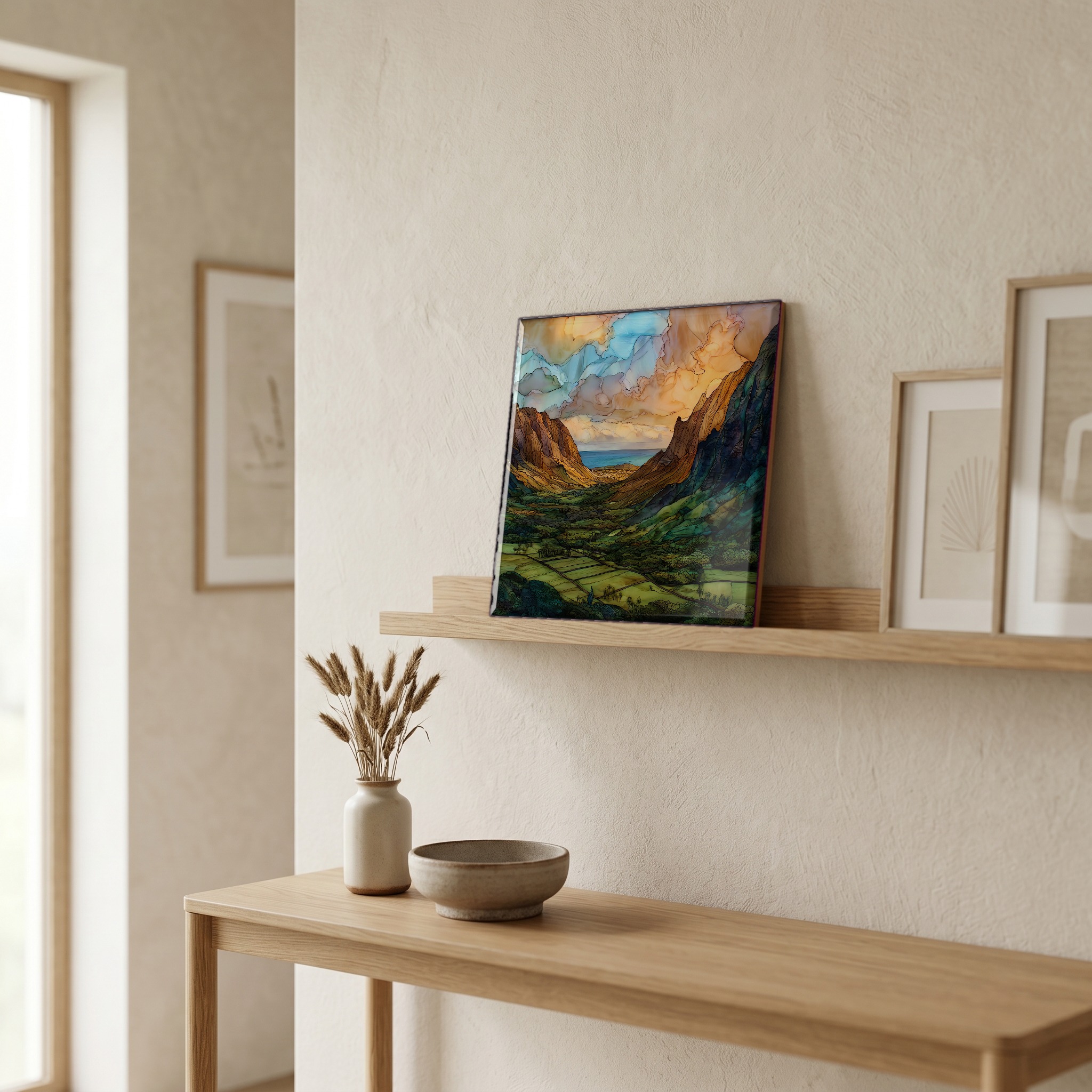 On a picture ledge, where the light comes in.
