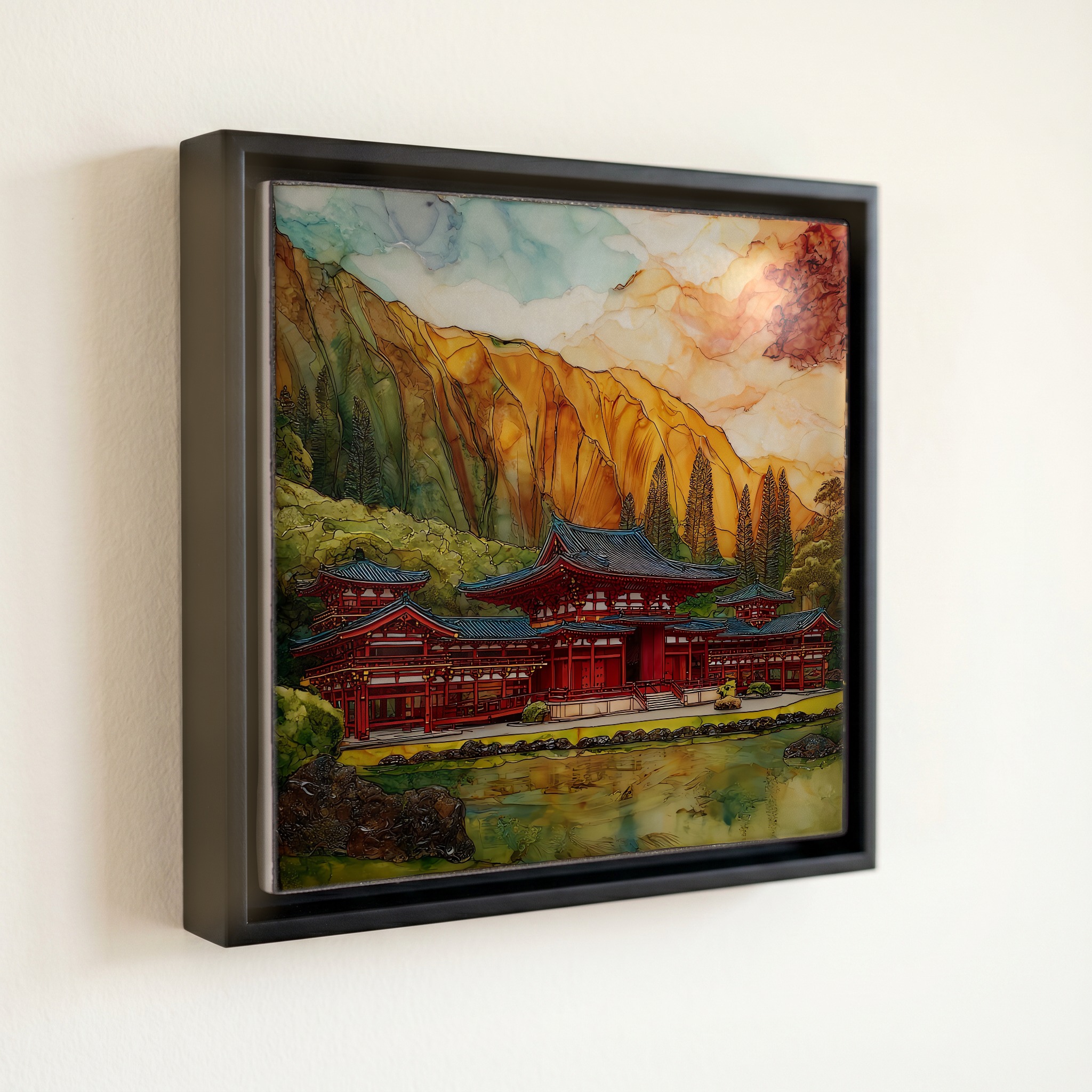 shown in a slim black floating frame · 6 × 6 in