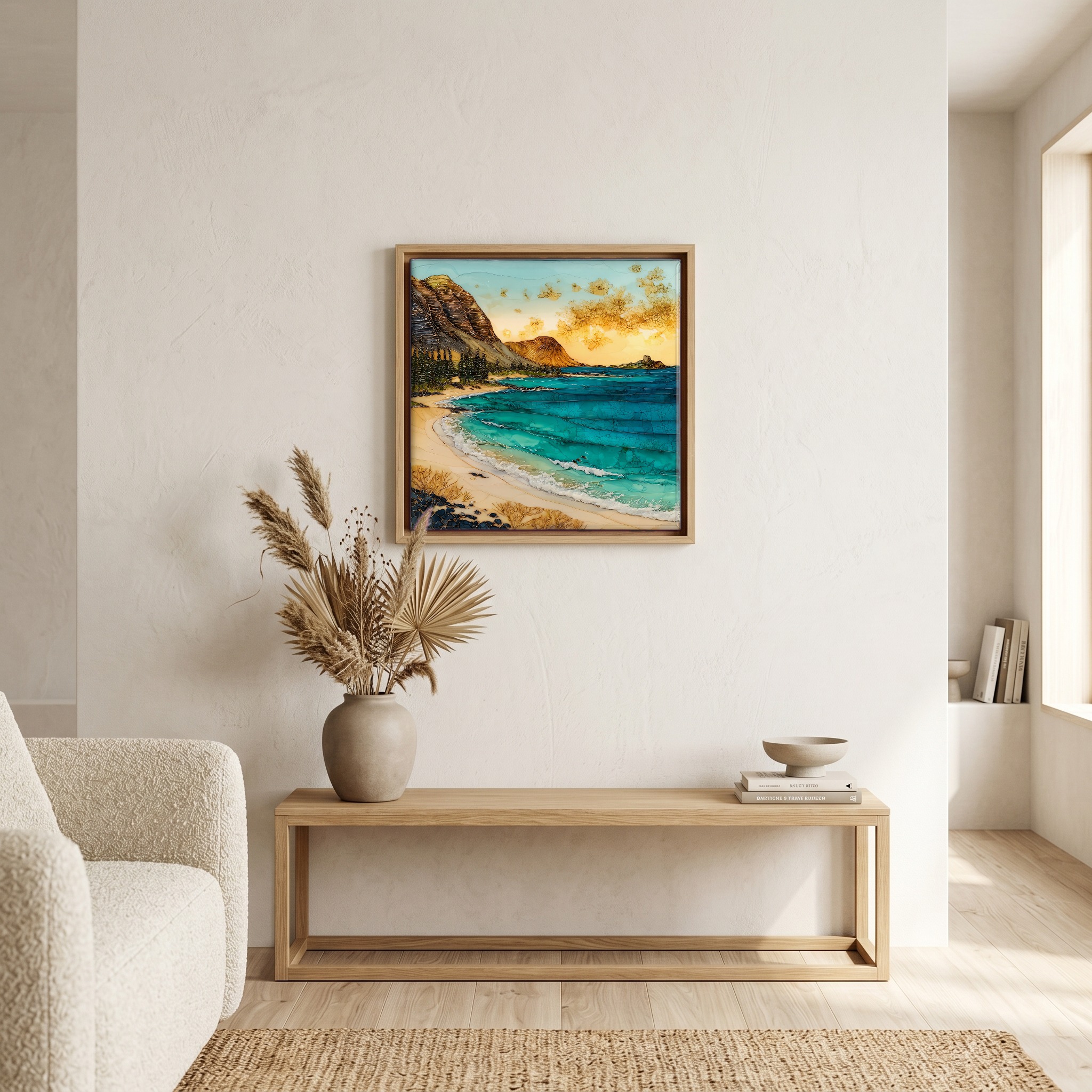 Above the bench, in a warm oak surround.