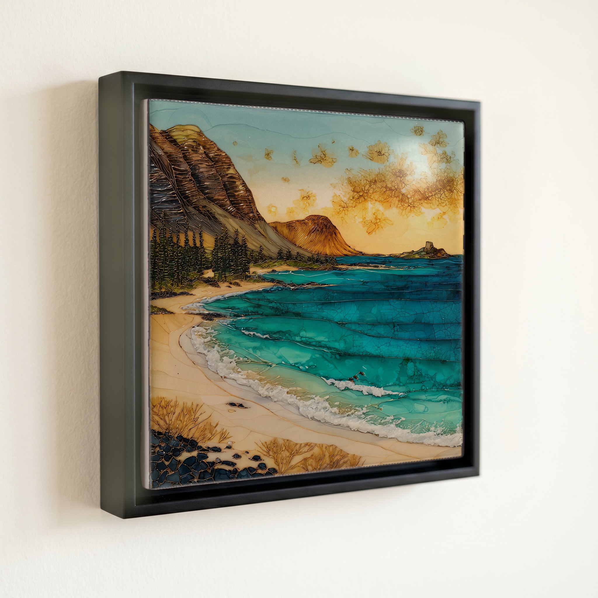 shown in a slim black floating frame · 6 × 6 in