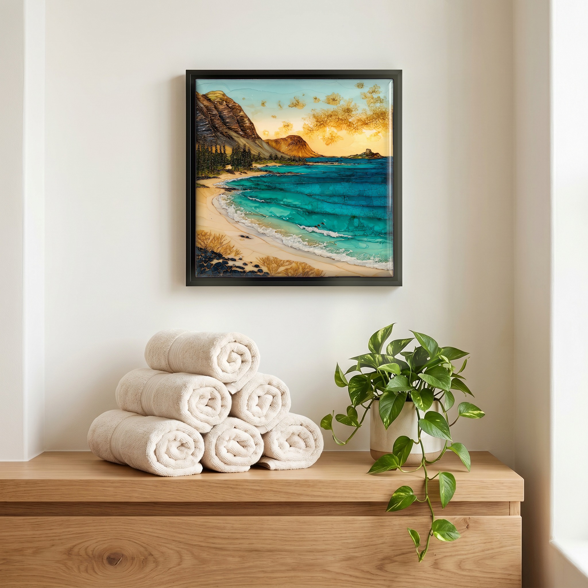 Above the linens, in a slim black surround.