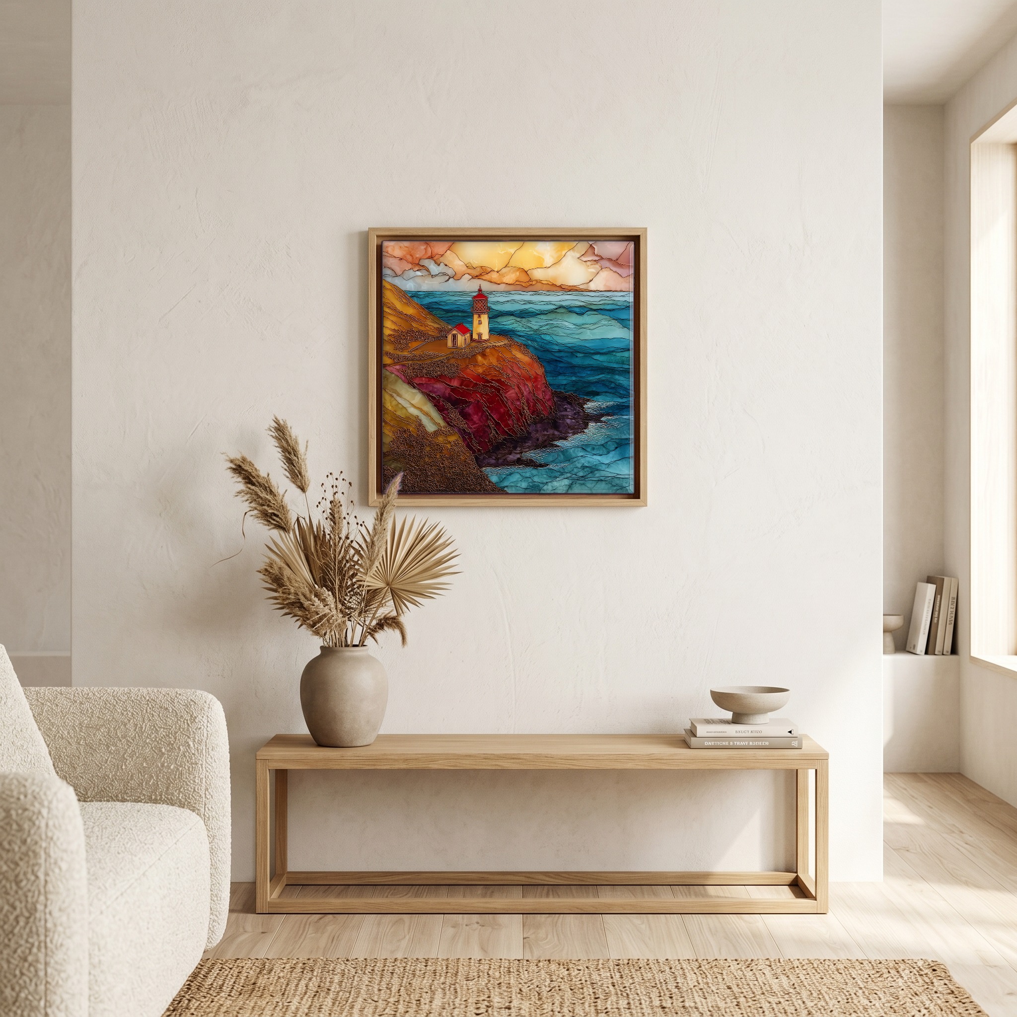Above the bench, in a warm oak surround.