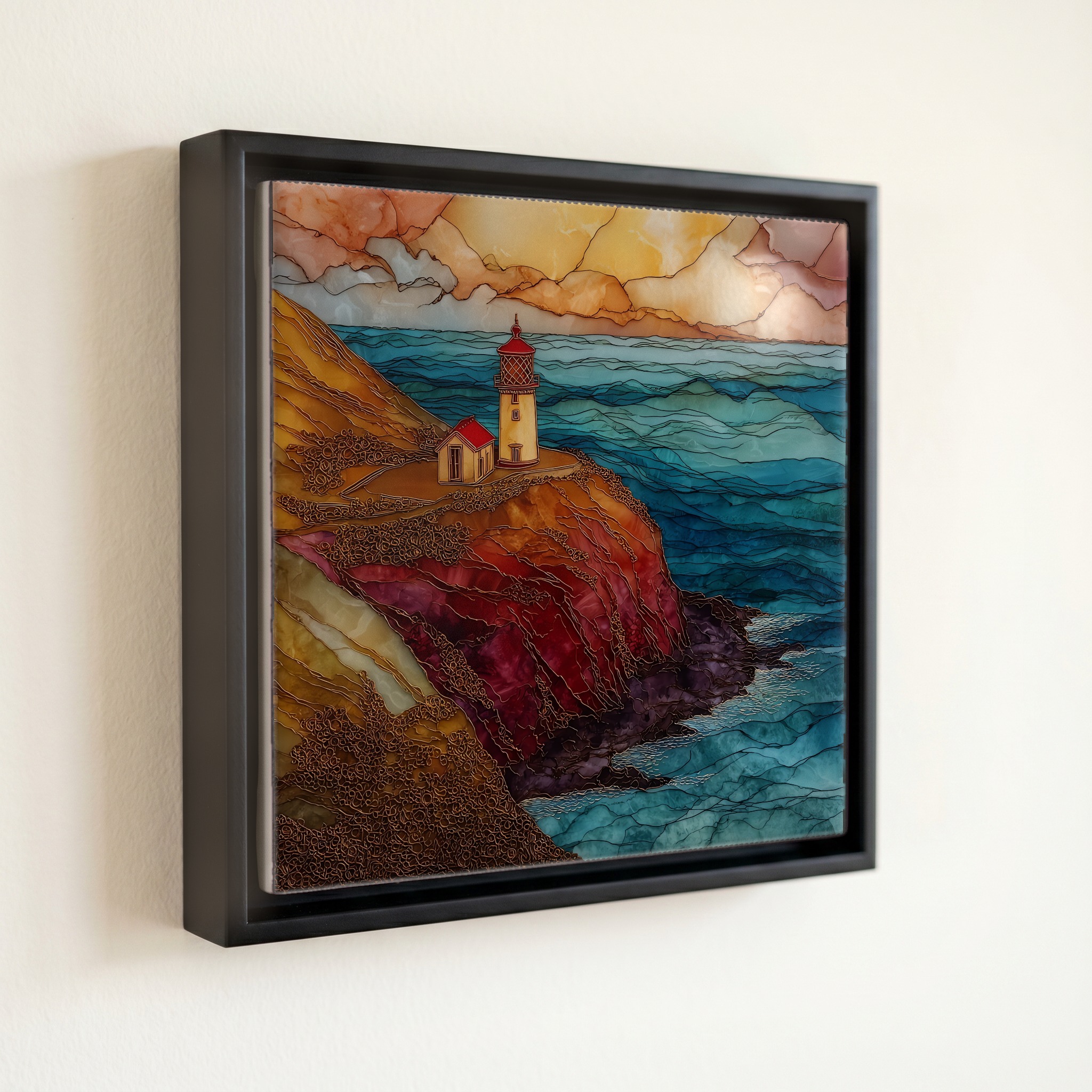 shown in a slim black floating frame · 6 × 6 in
