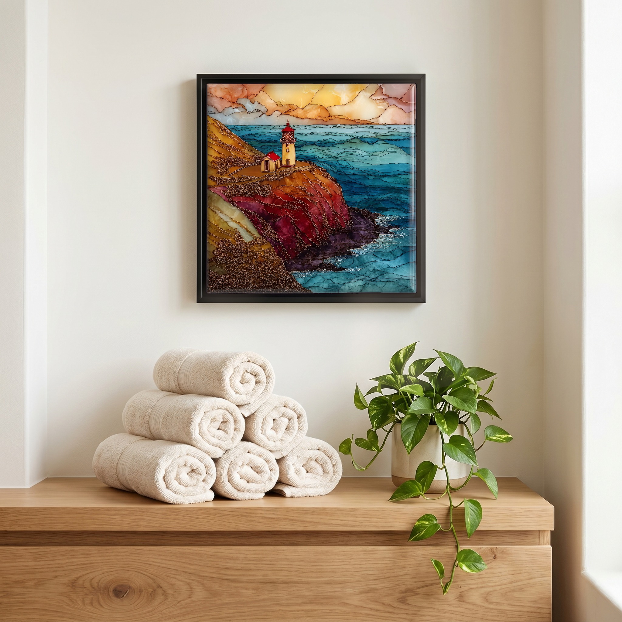 Above the linens, in a slim black surround.