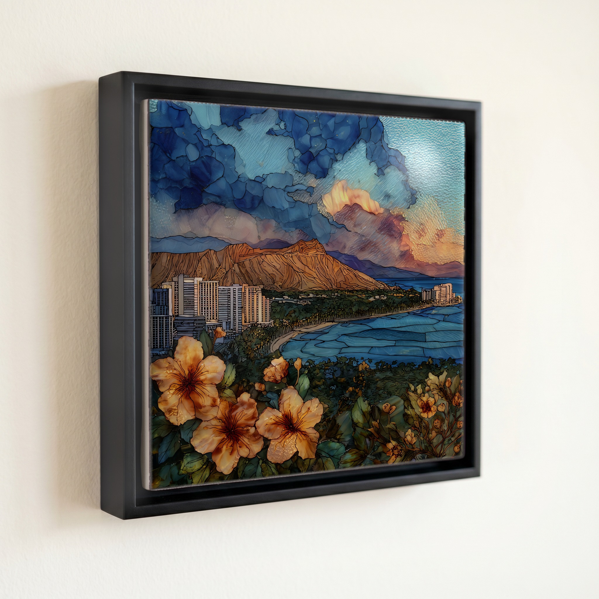 shown in a slim black floating frame · 6 × 6 in