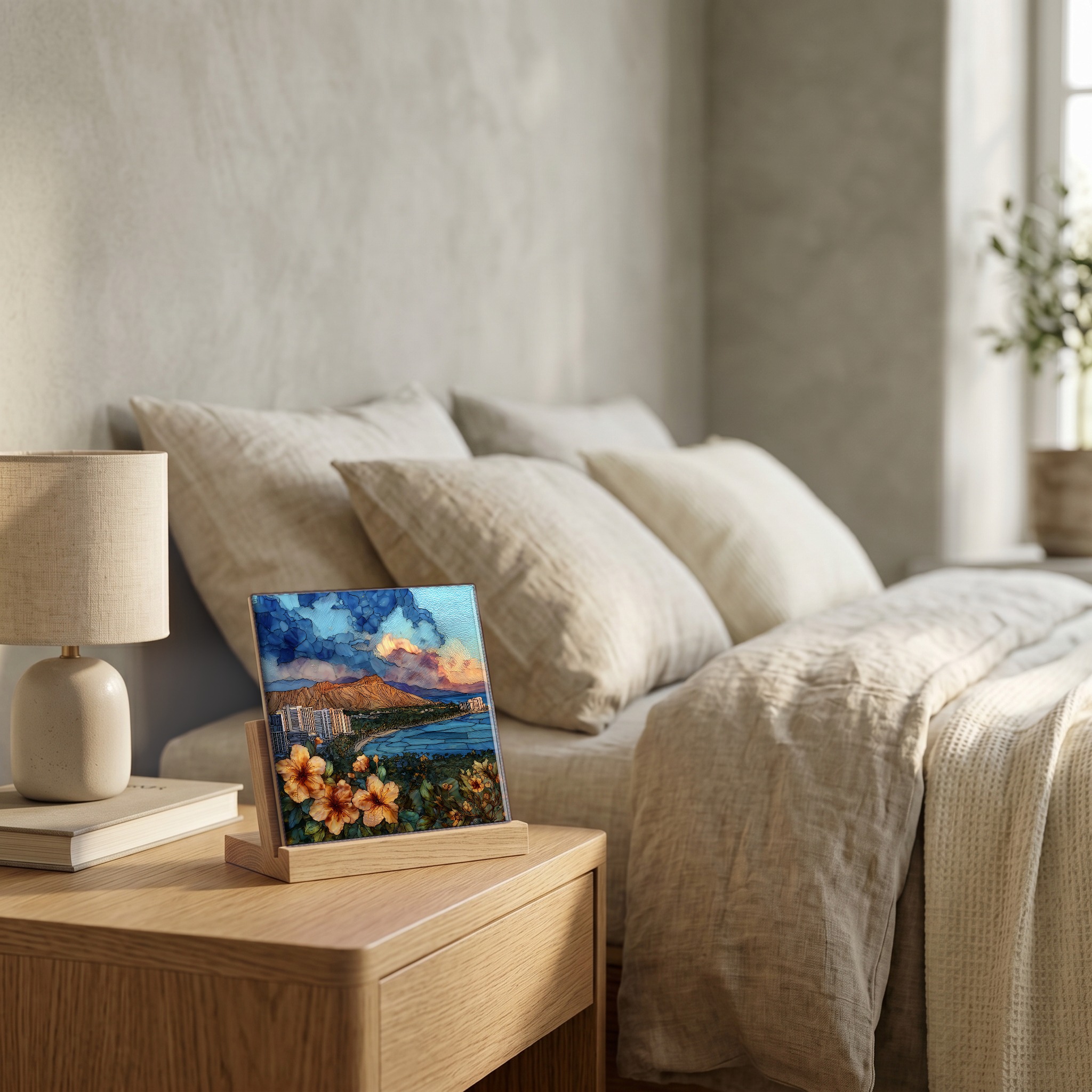 On the nightstand, on a light oak stand.