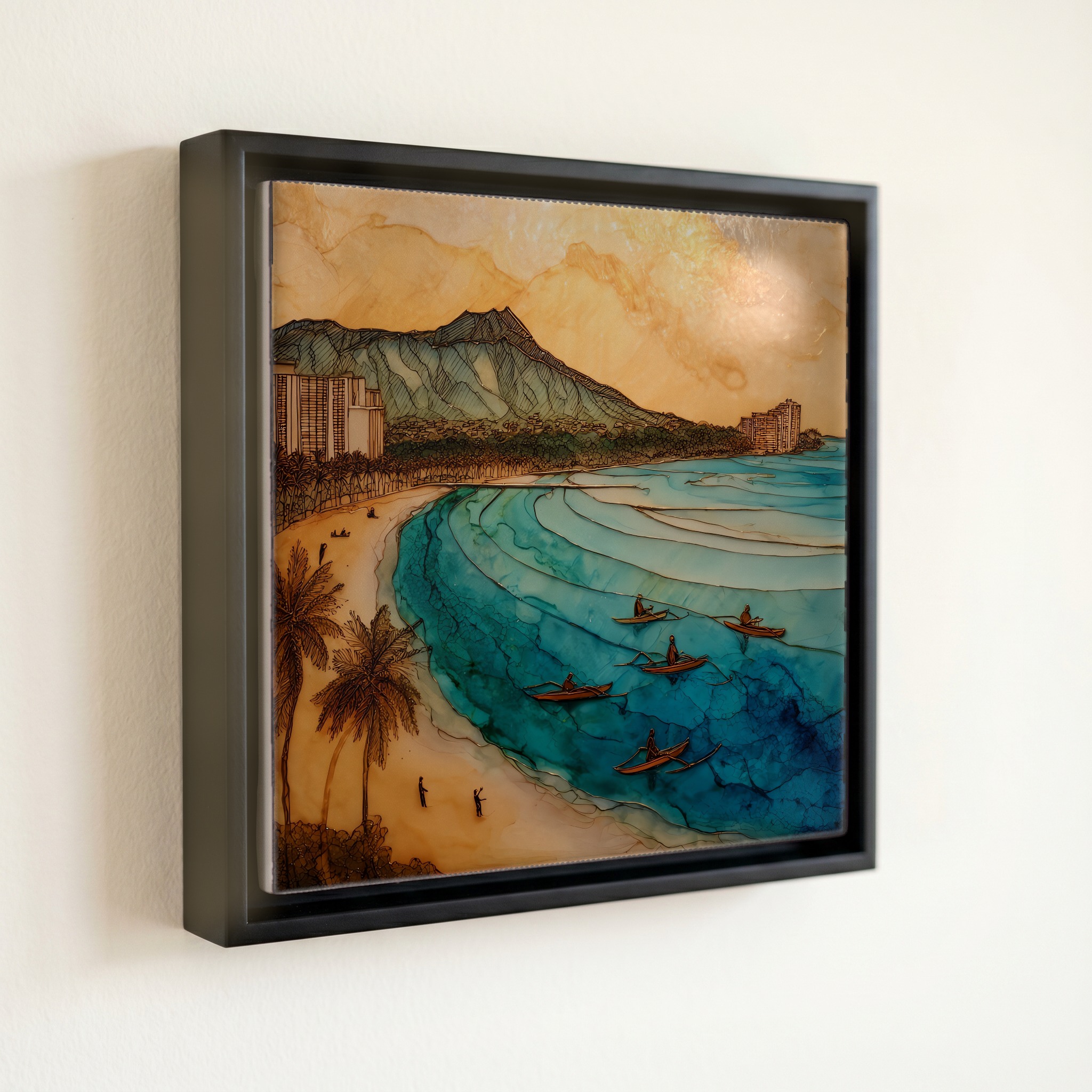 shown in a slim black floating frame · 6 × 6 in