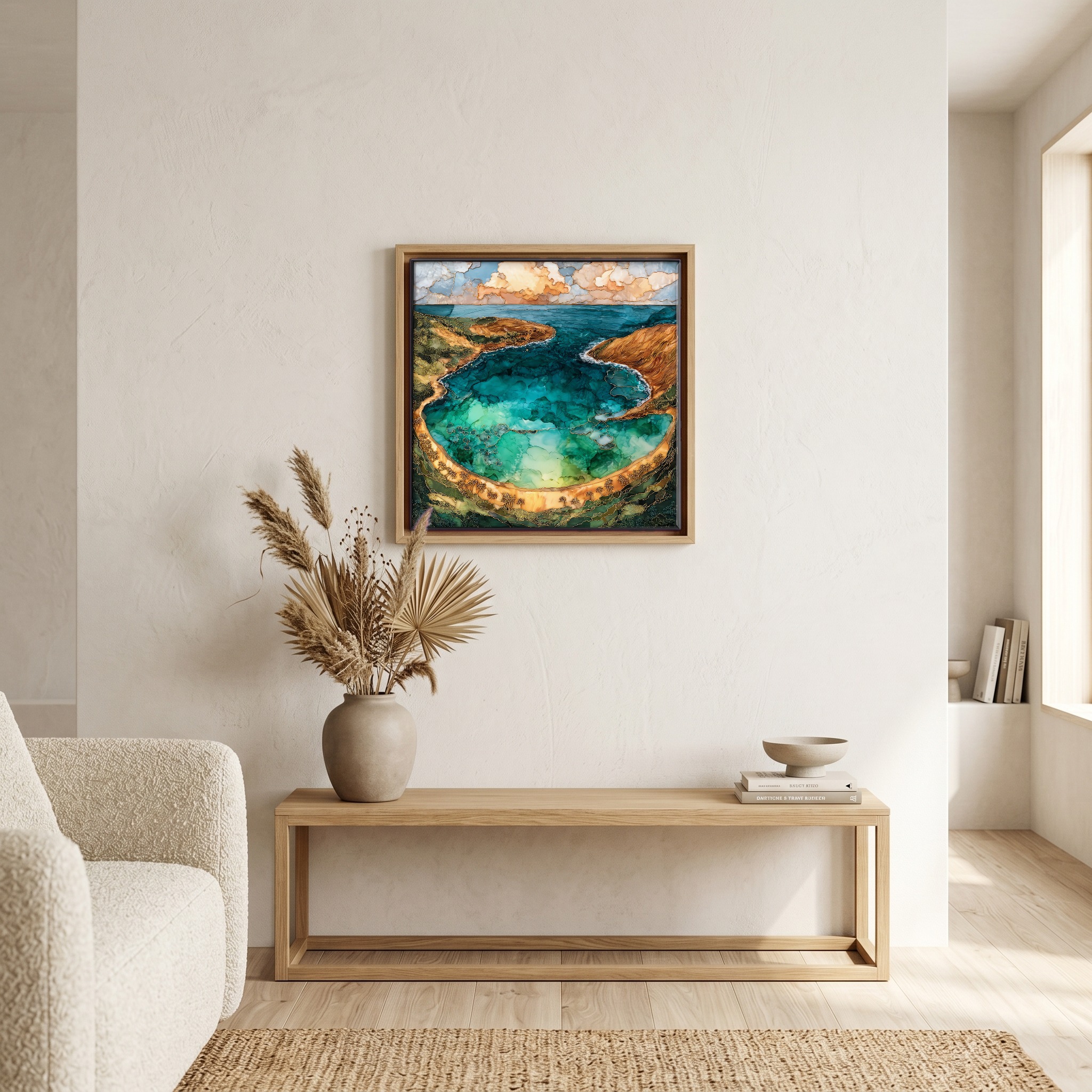 Above the bench, in a warm oak surround.
