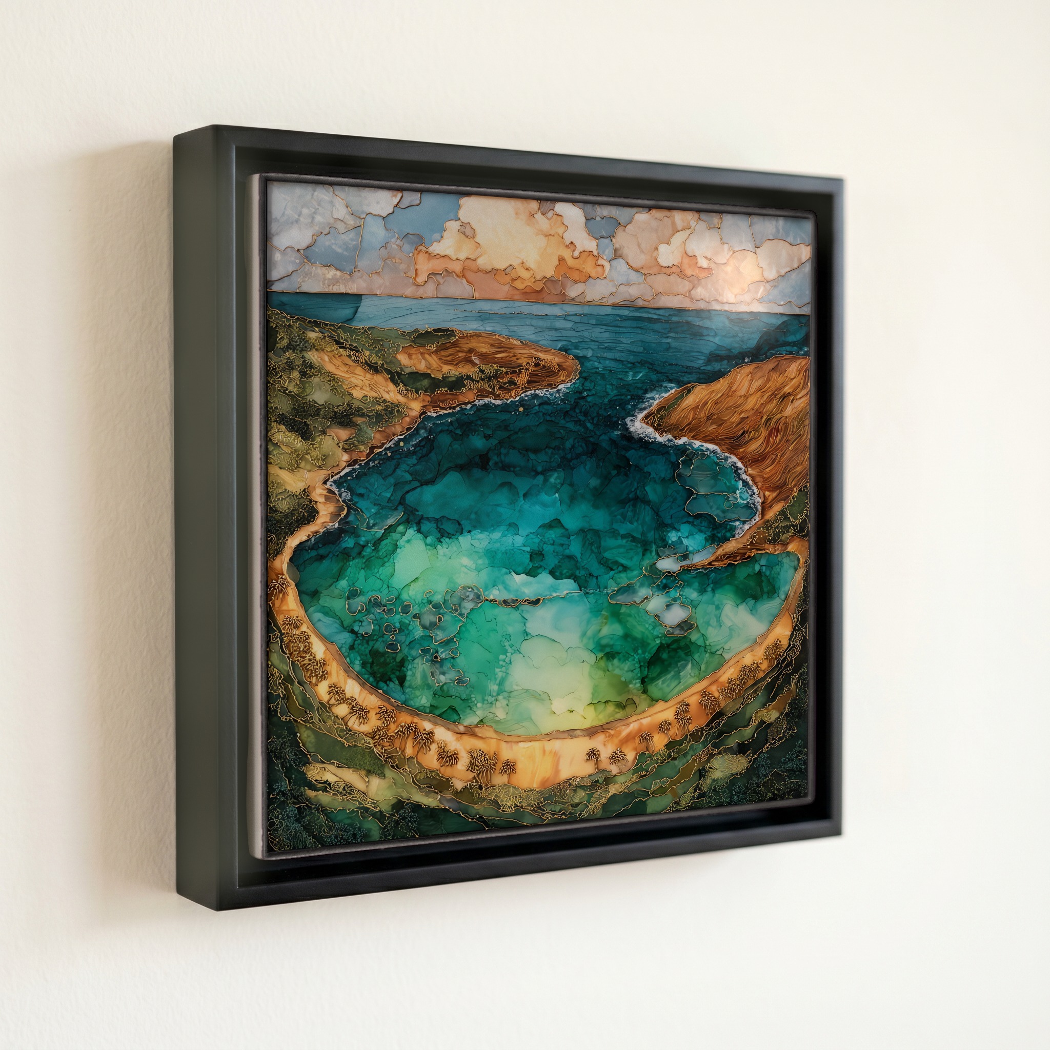 shown in a slim black floating frame · 6 × 6 in