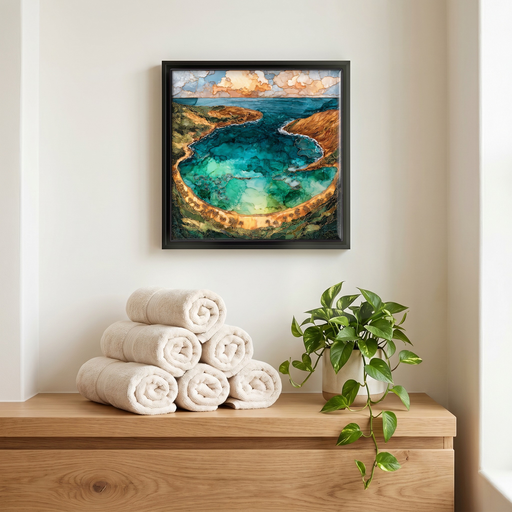 Above the linens, in a slim black surround.