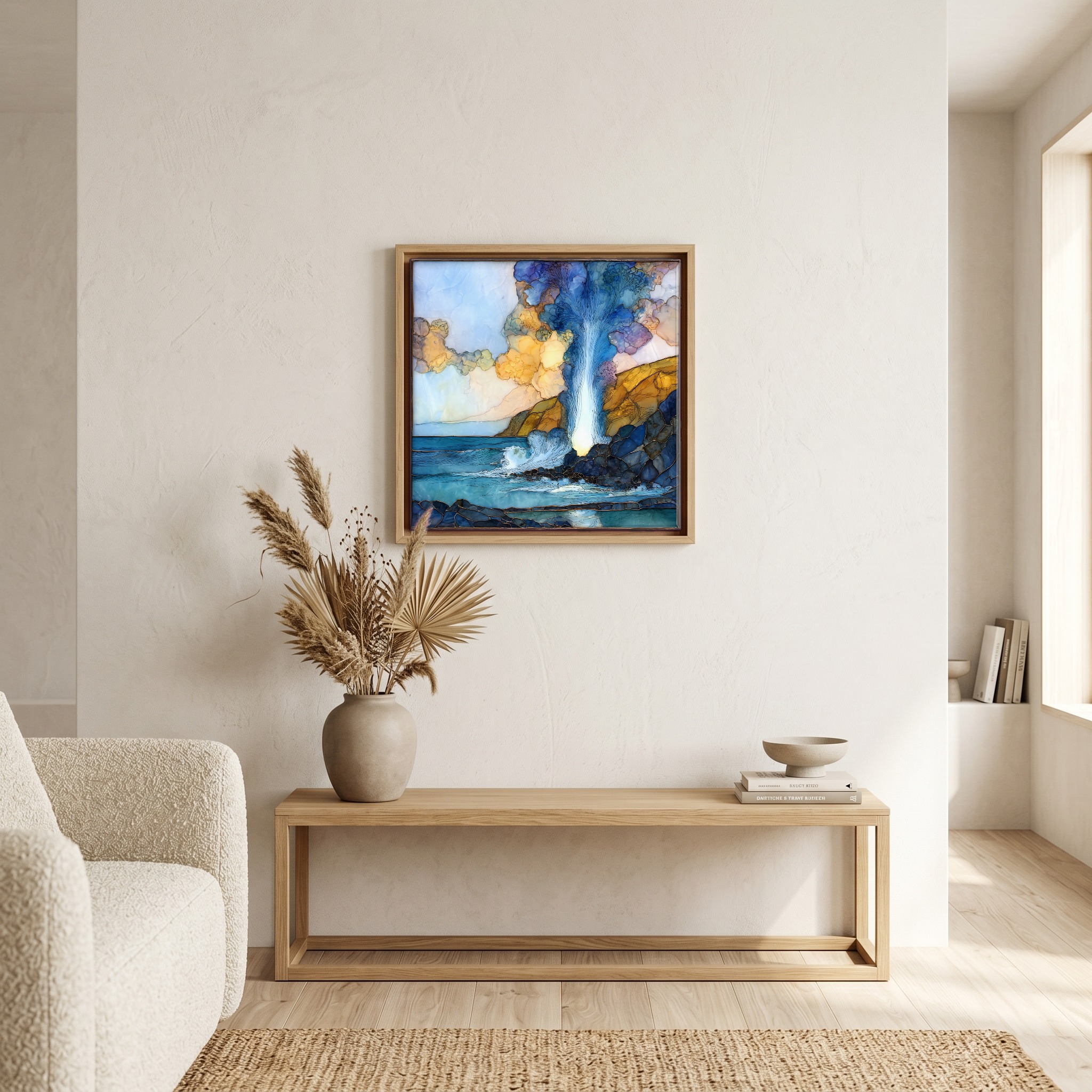 Above the bench, in a warm oak surround.