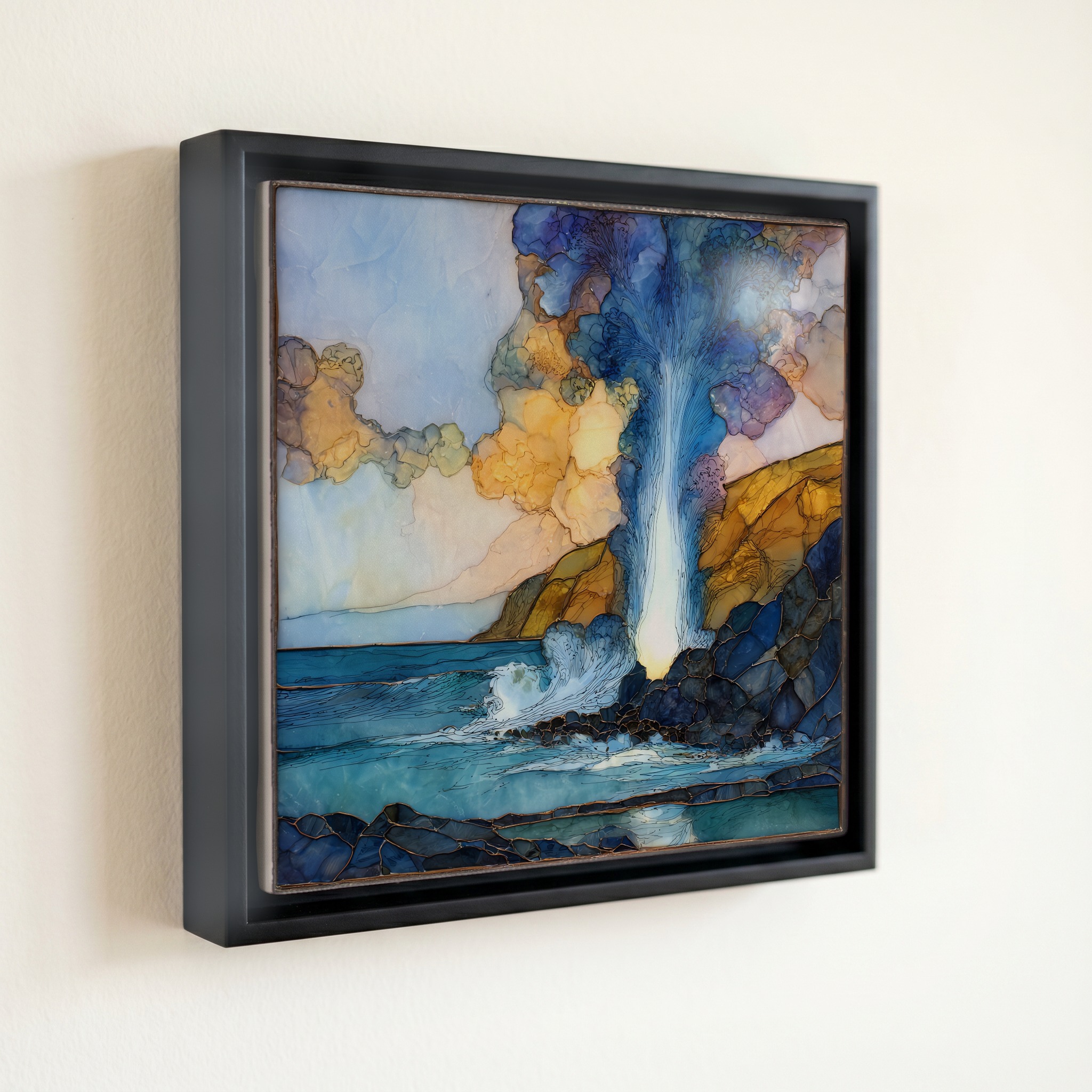 shown in a slim black floating frame · 6 × 6 in