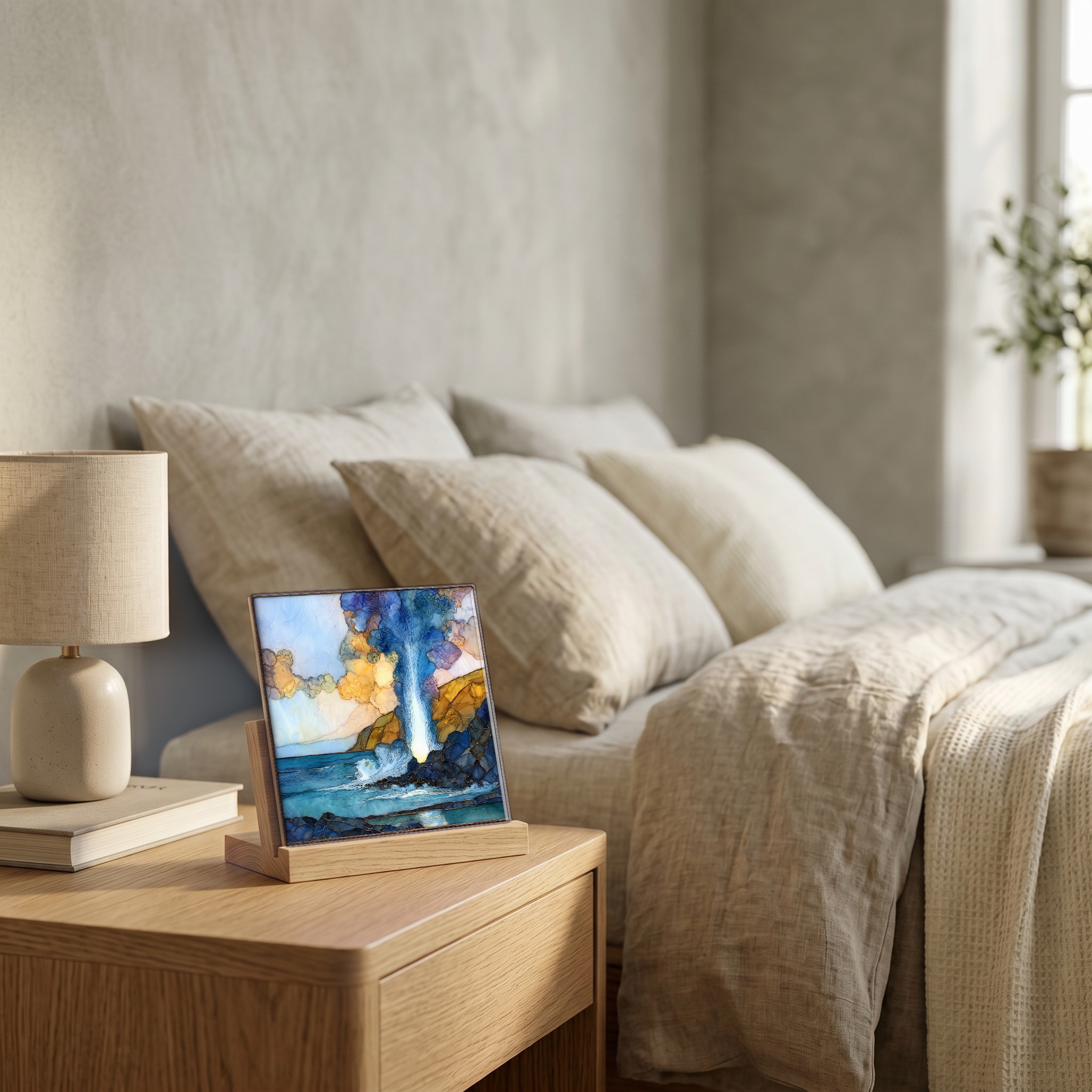 On the nightstand, on a light oak stand.