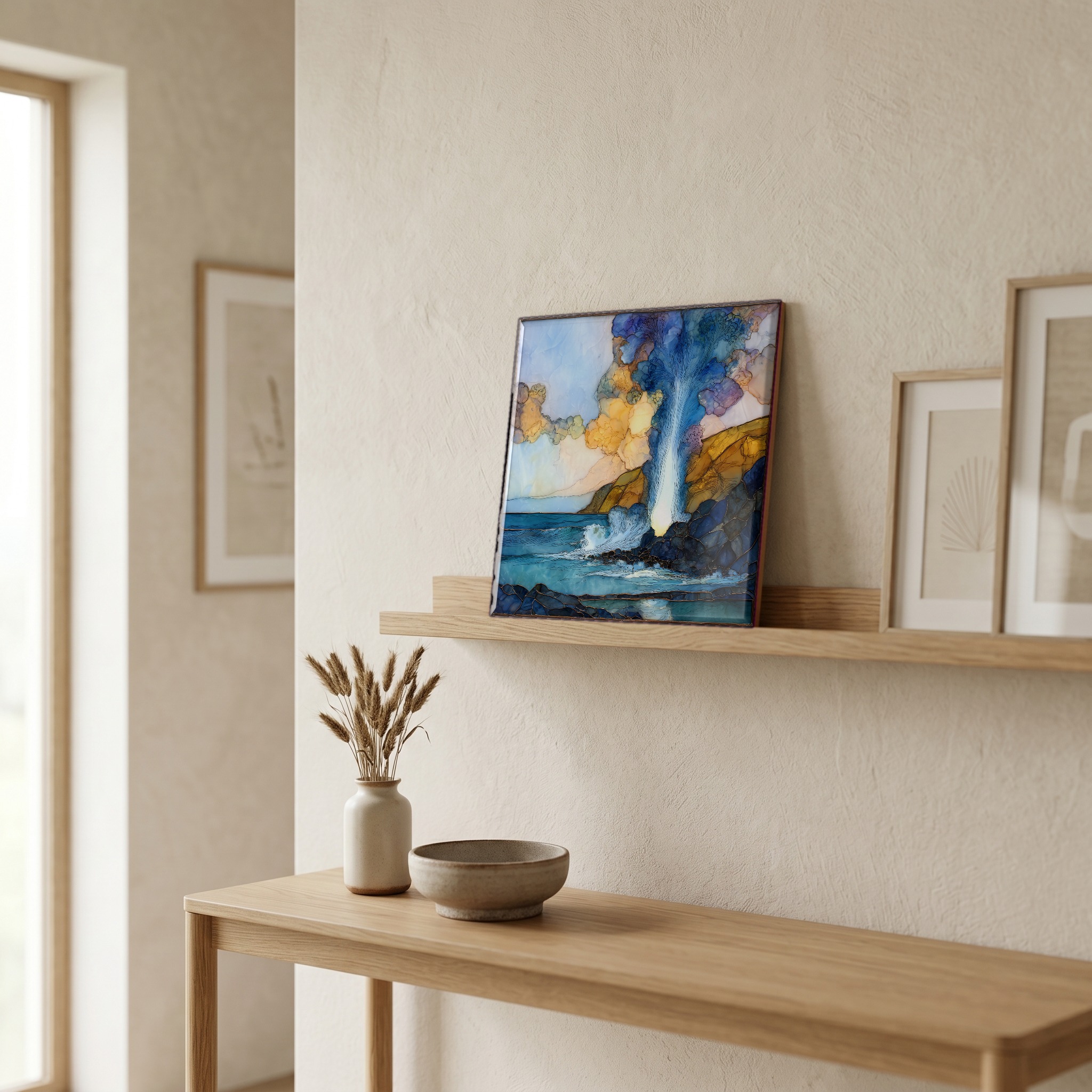 On a picture ledge, where the light comes in.