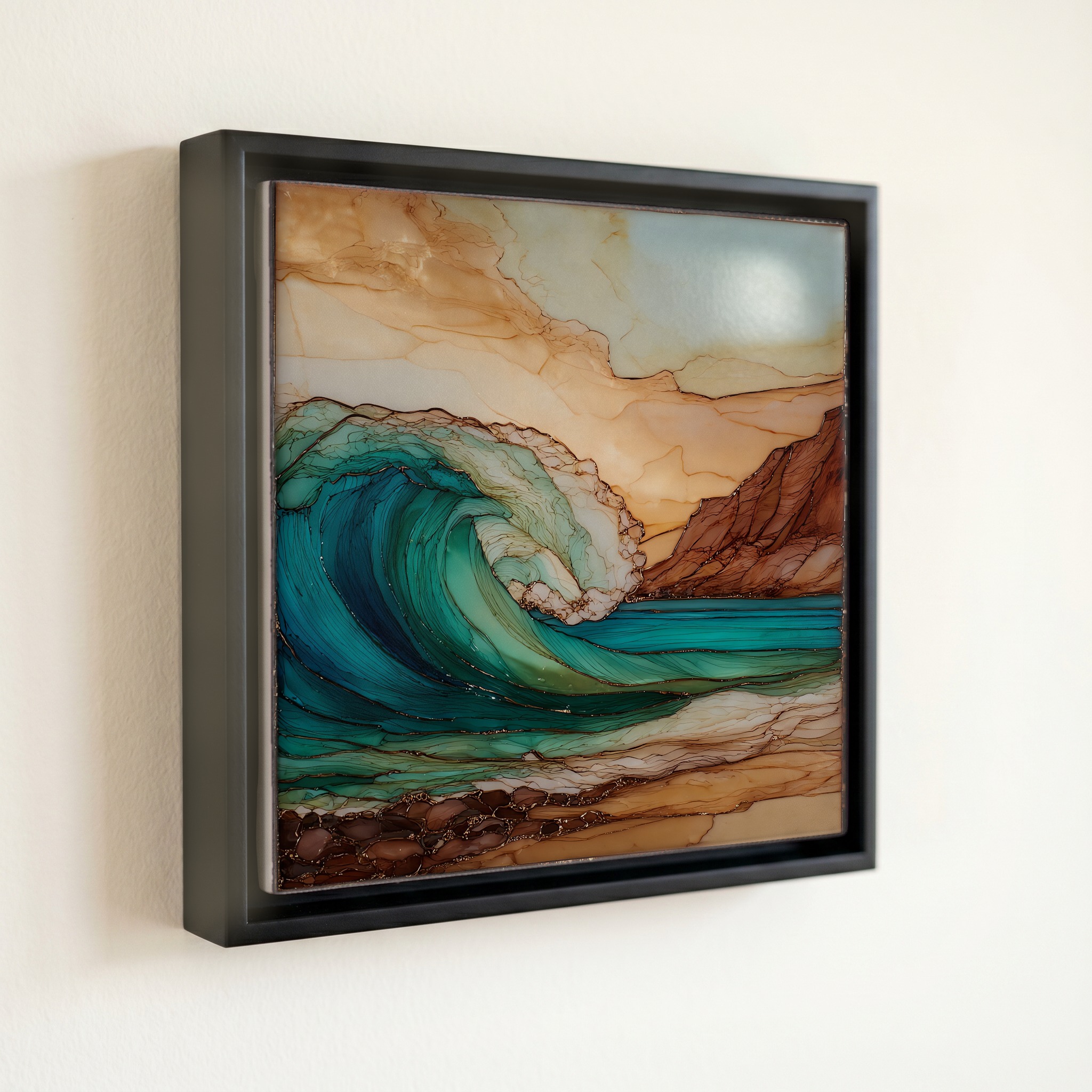shown in a slim black floating frame · 6 × 6 in