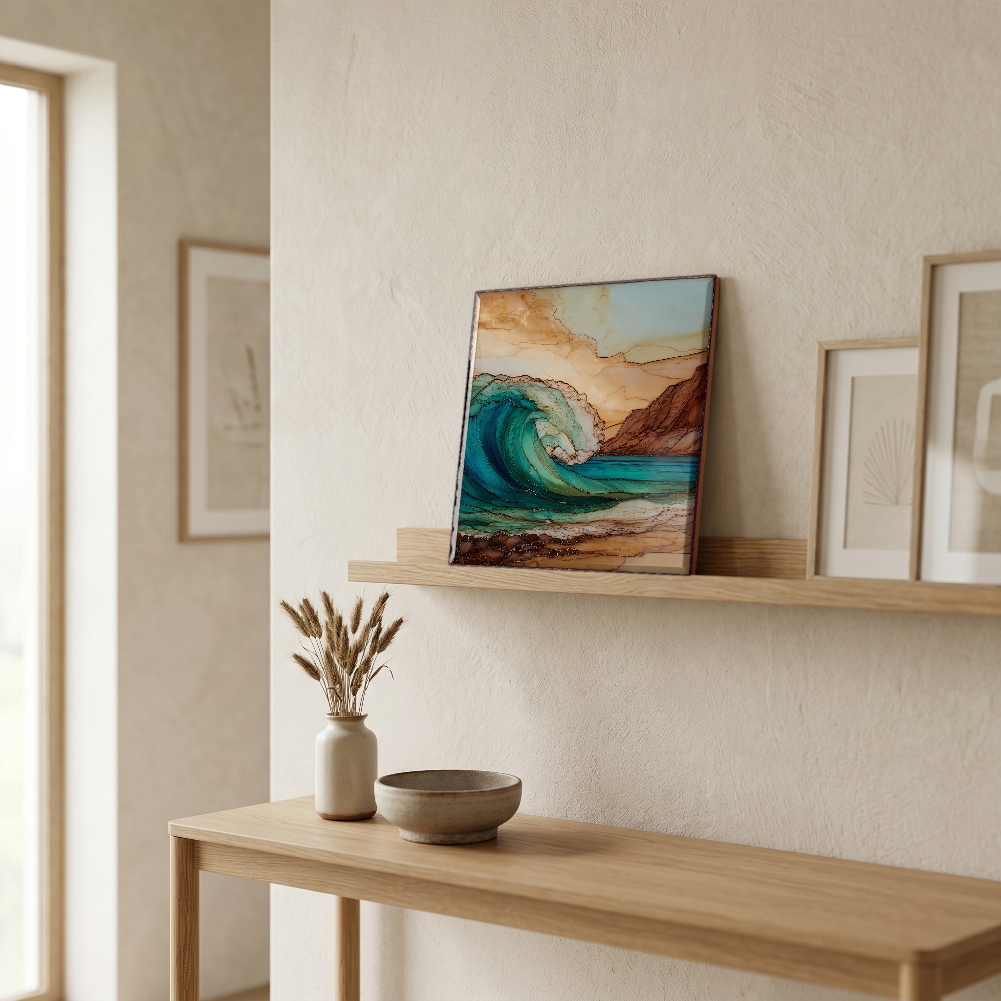 On a picture ledge, where the light comes in.