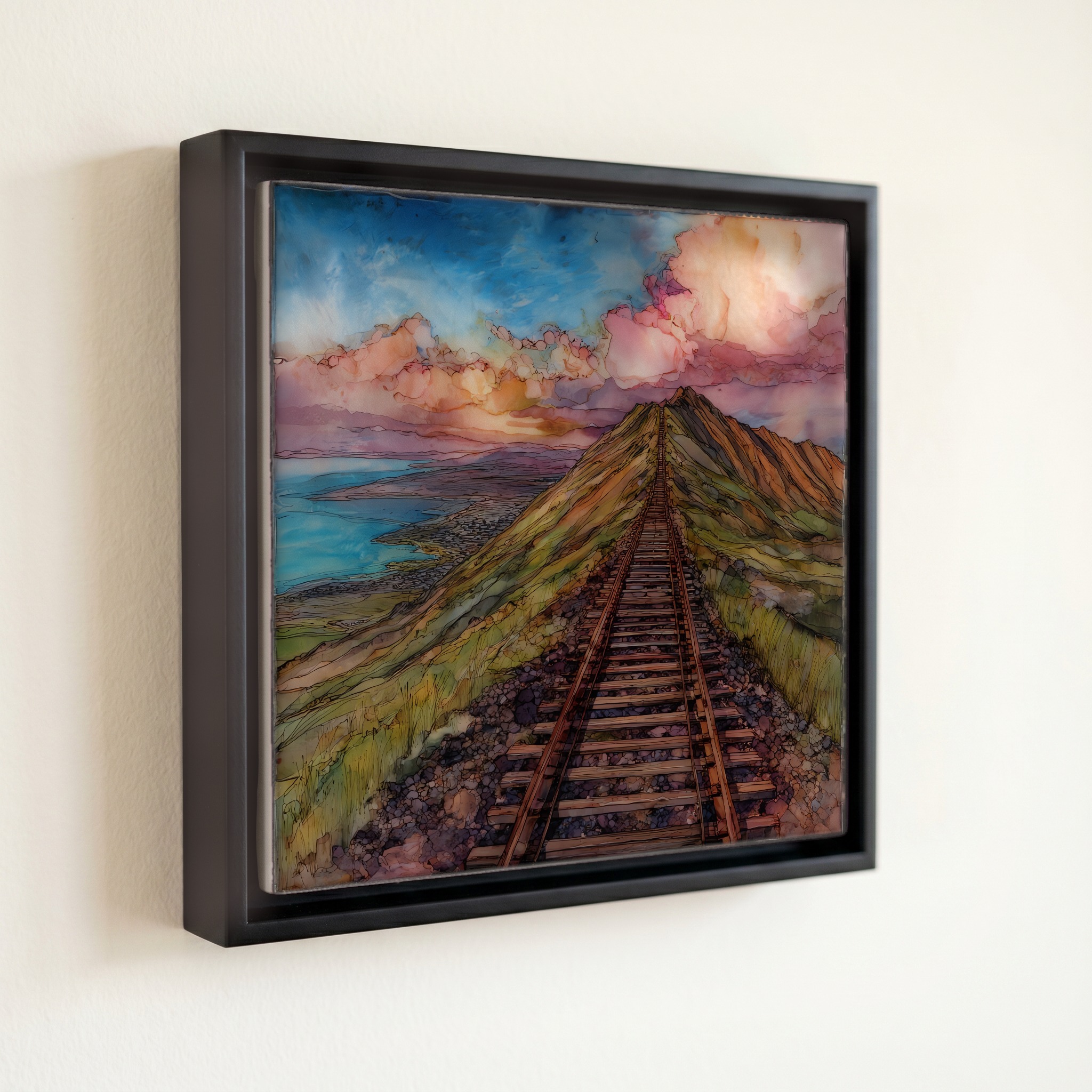 shown in a slim black floating frame · 6 × 6 in