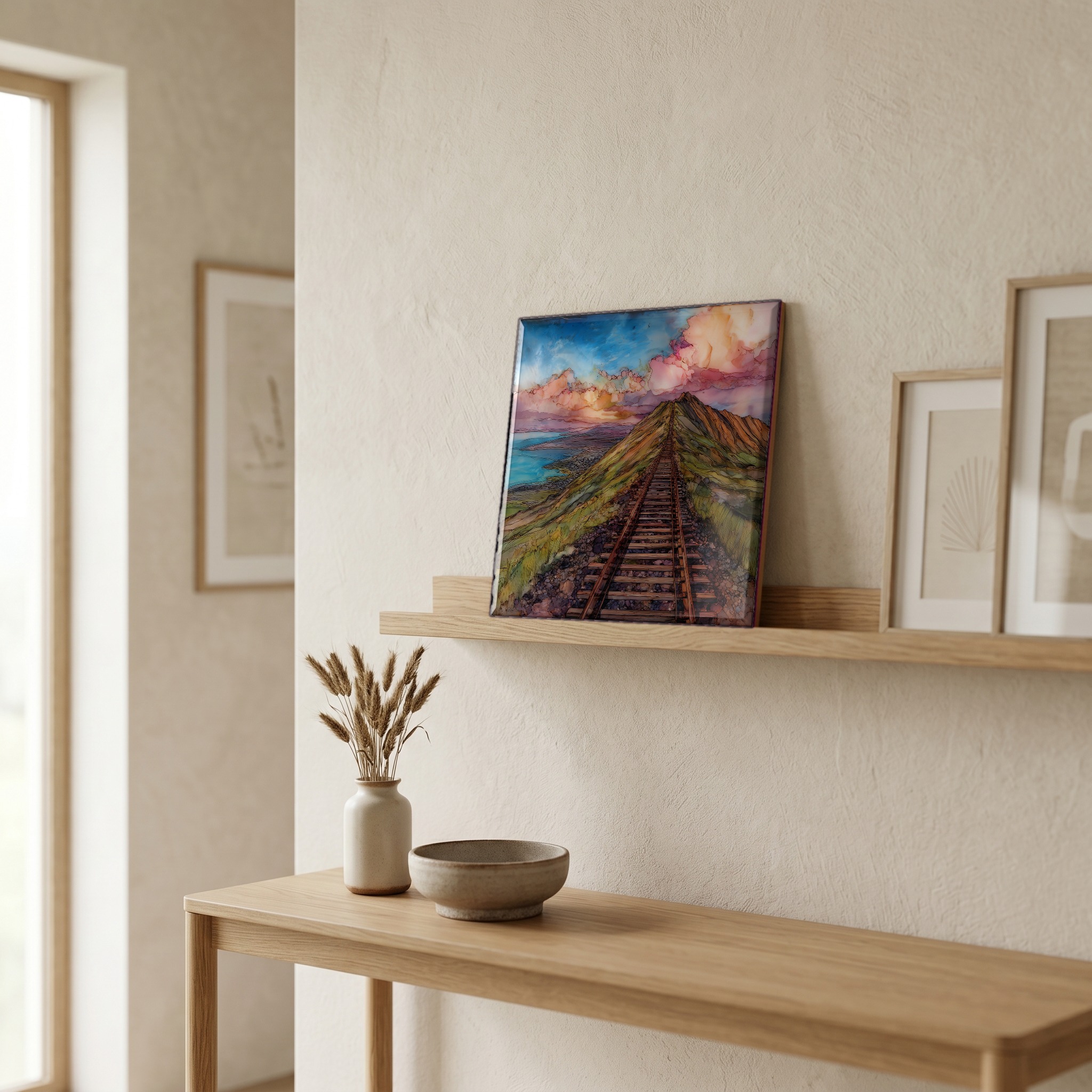 On a picture ledge, where the light comes in.