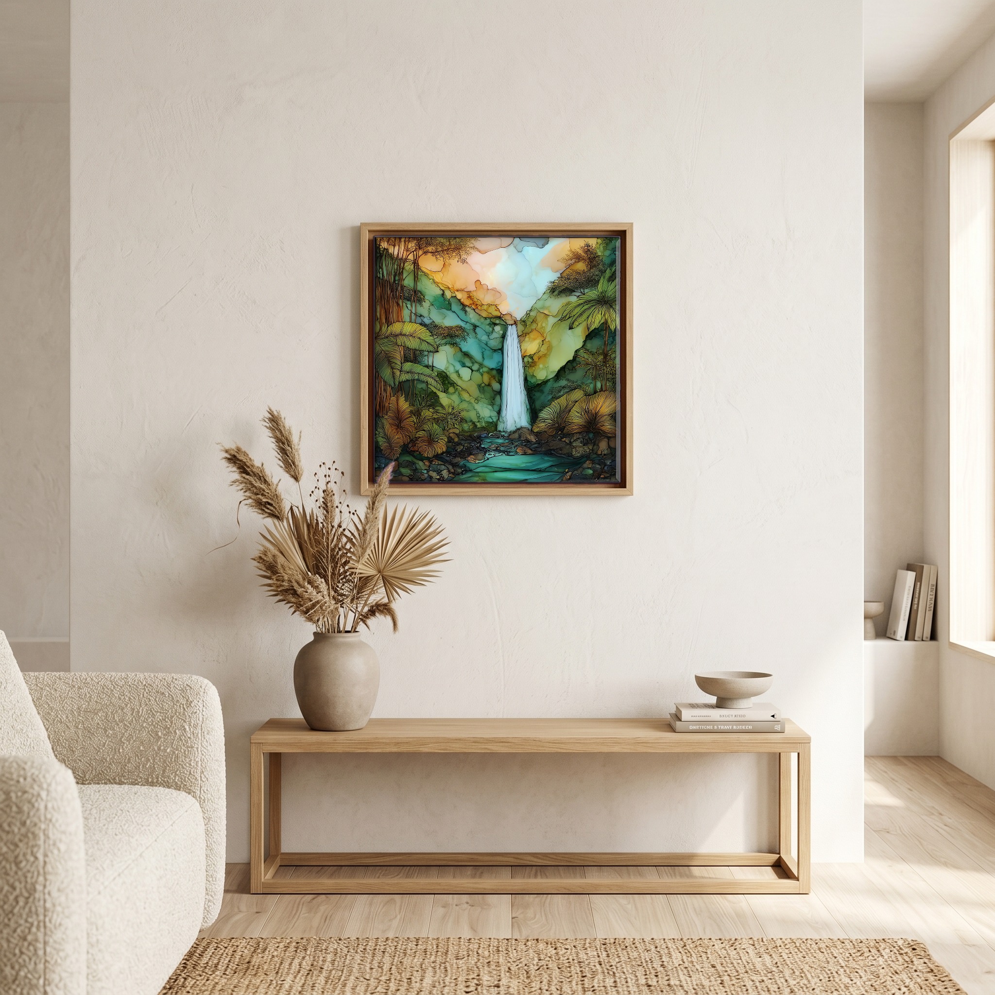Above the bench, in a warm oak surround.