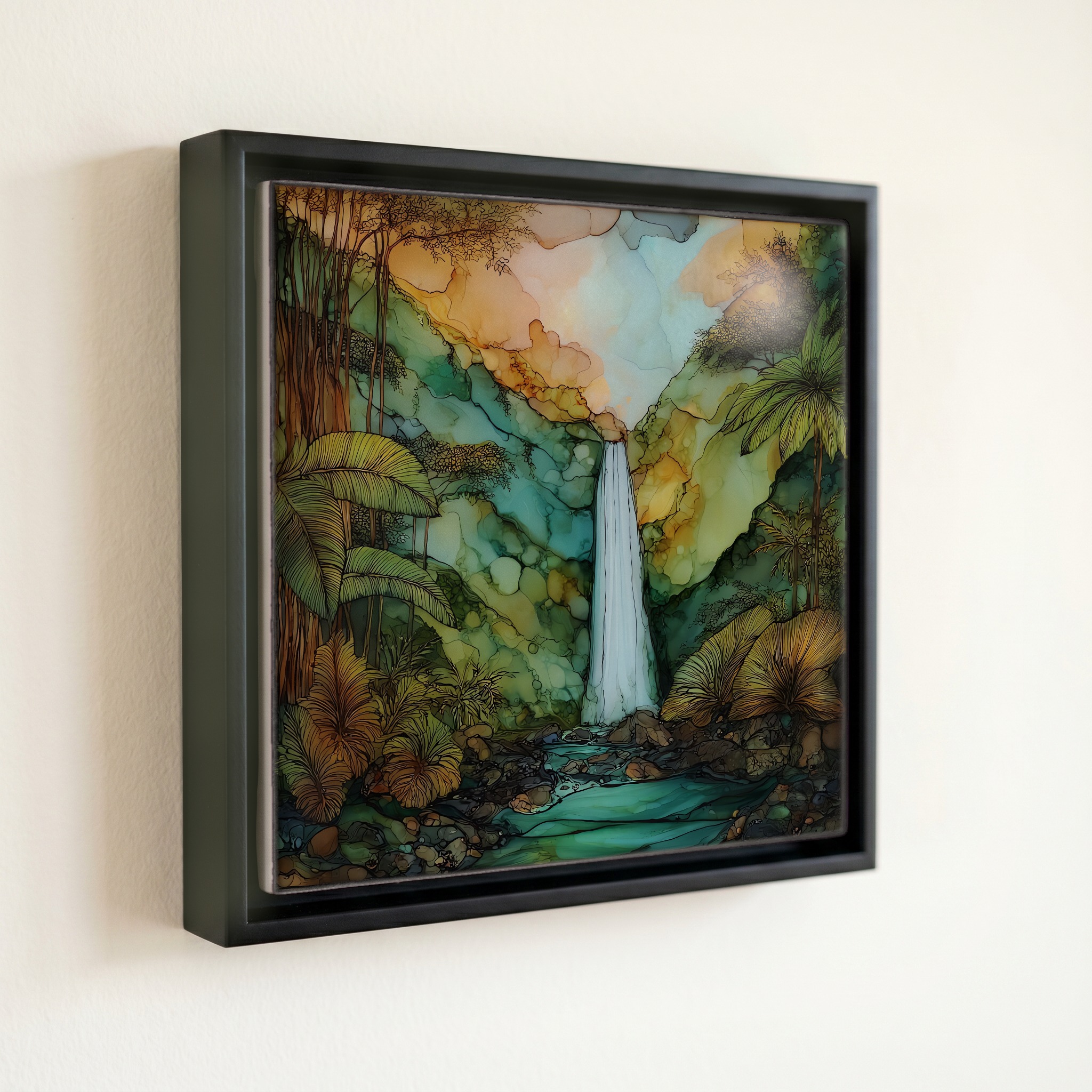 shown in a slim black floating frame · 6 × 6 in