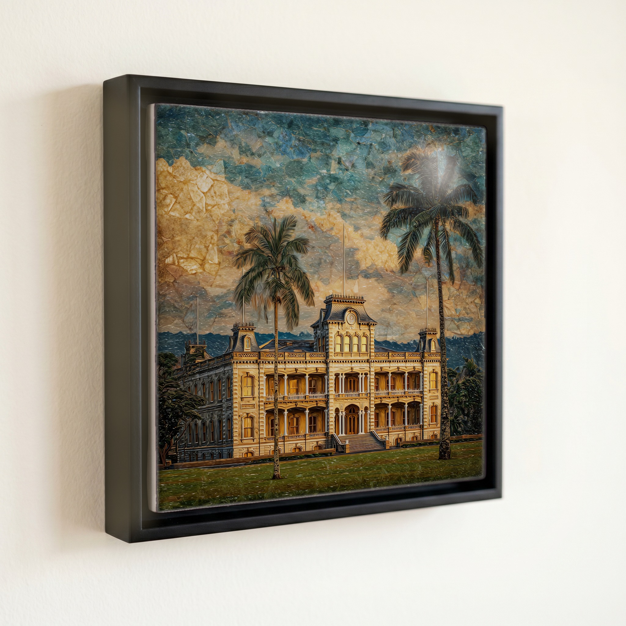 shown in a slim black floating frame · 6 × 6 in